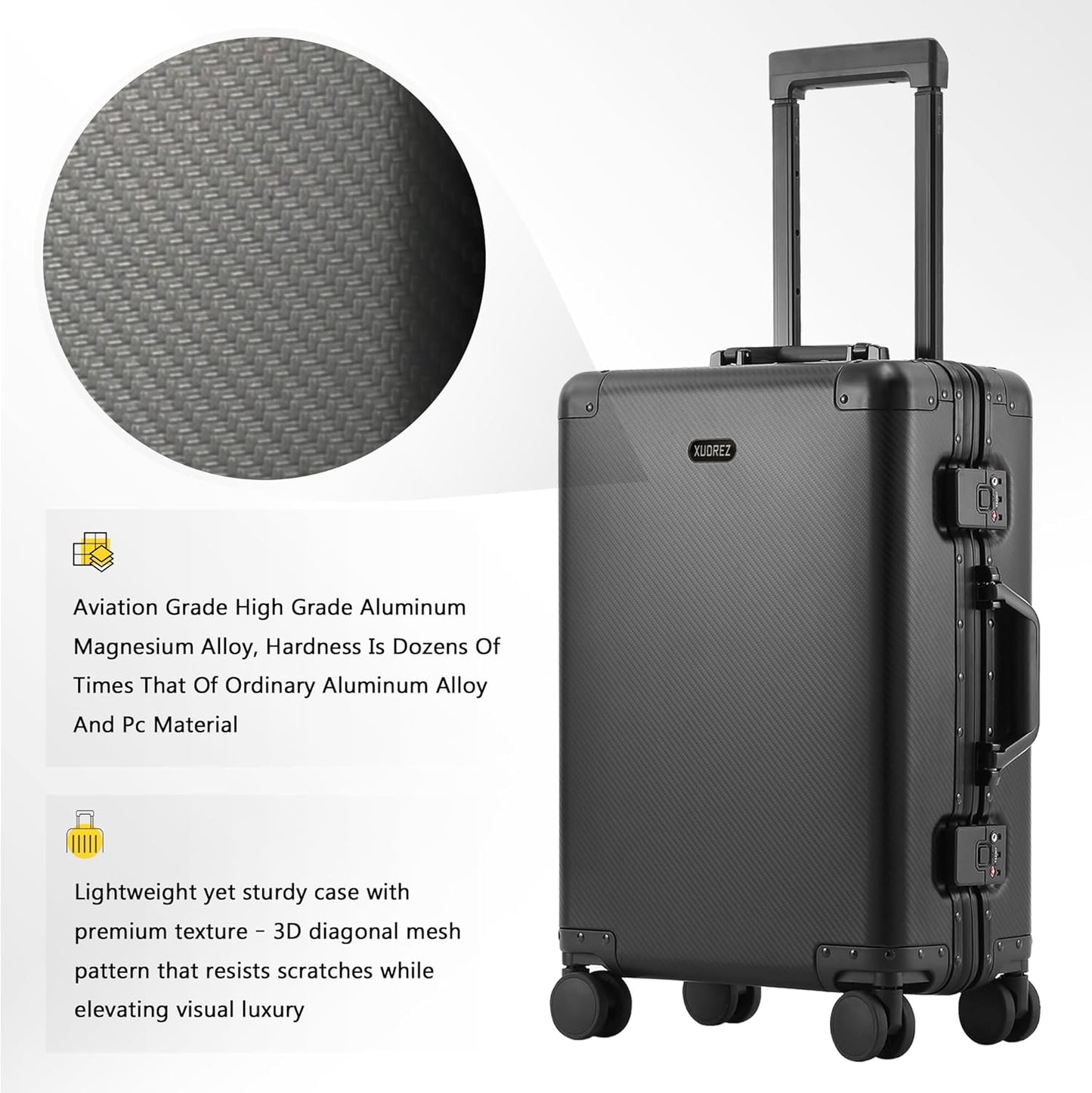 YYW Aluminum Carry-On Luggage Airline Approved Lightweight Suitcase with TSA Lock and Silent Wheels, Hardshell Spinner Business Travel (black, 20in)