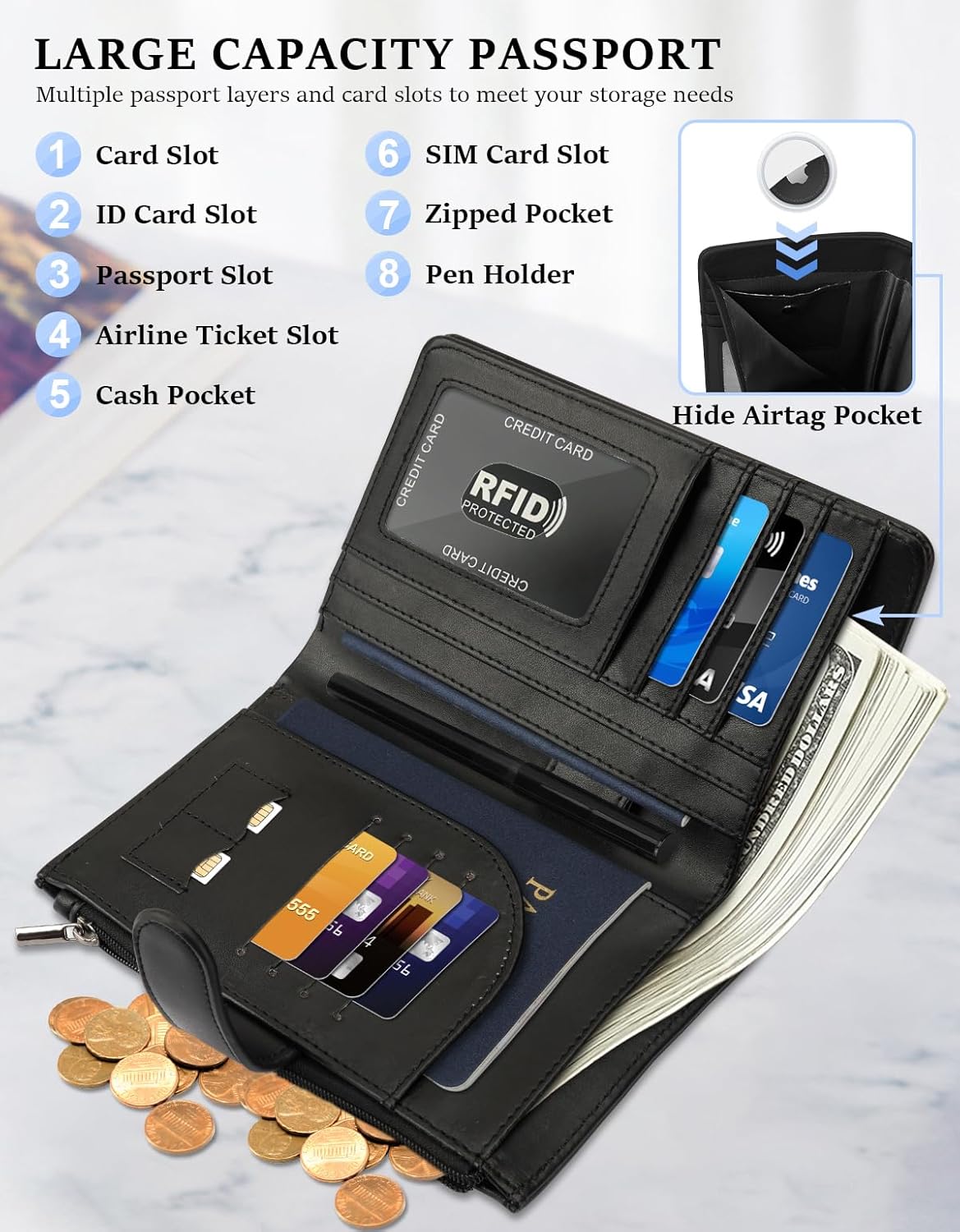RFID Passport Holder for Women/Men Travel Gifts, Large Capacity Passport Wallet, Family Travel Documents Organizer with Card/Airtag Slots, Zipper coin pocket, Cash Holder Passport Cover Case (Black)