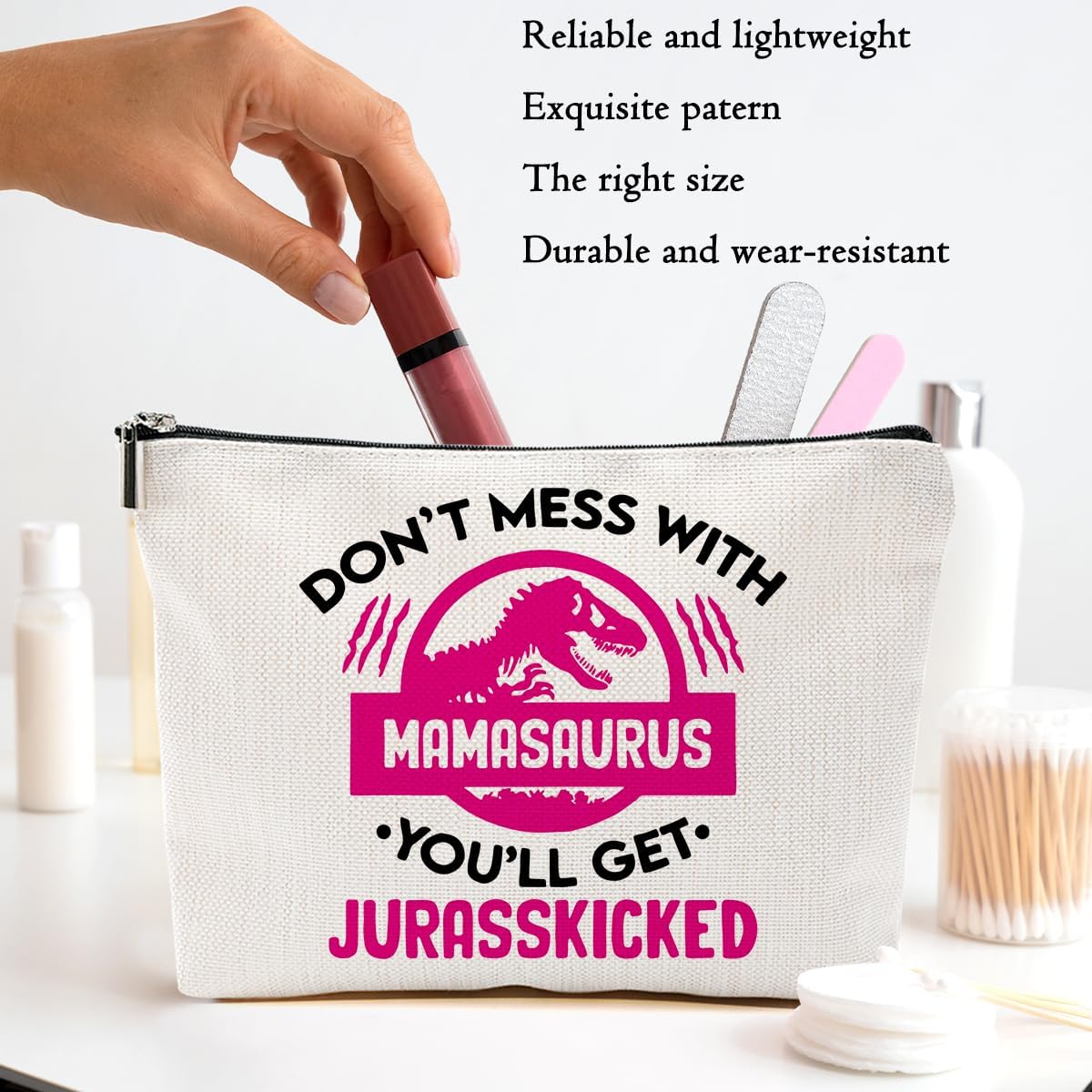 Mama Saurus Makeup Bag Mama Gifts for Women, Dinosaur Cosmetic Bag, Presents for Mom from Husband Son Daughter Mothers Day Christmas Birthday, Zipper Bags, Organizer, Toiletry Cosmetic Pouch