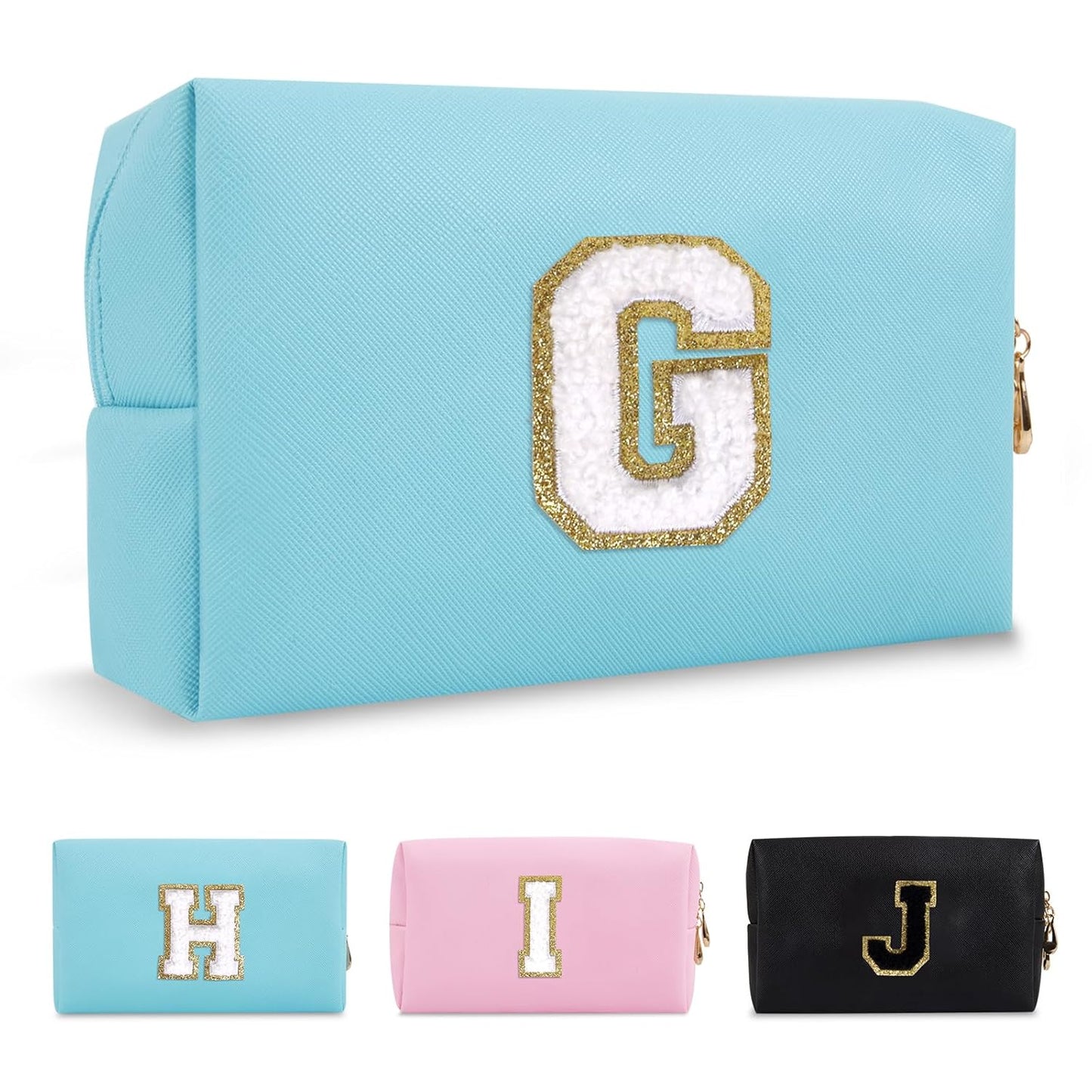 Small Personalized Initial A-Z Preppy Patch Makeup Bag,PU Chenille Letter Travel Cosmetic Pouch