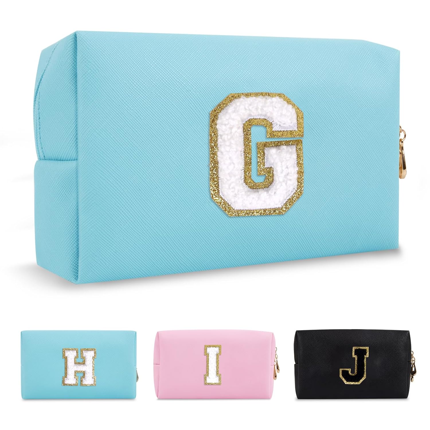 Small Personalized Initial A-Z Preppy Patch Makeup Bag,PU Chenille Letter Travel Cosmetic Pouch