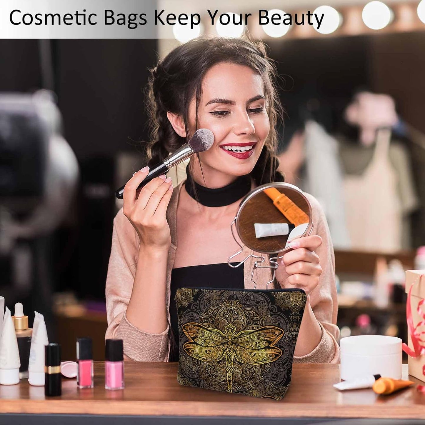 Dragonfly Makeup Bag For Women, Adorable Cosmetic Bag Makeup Bags, Ethnic Mandala Dragonflies Golden Zipper Bag Travel Bags Toiletry Organizers Pouch Bags Washing Bags For Gym Bathroom