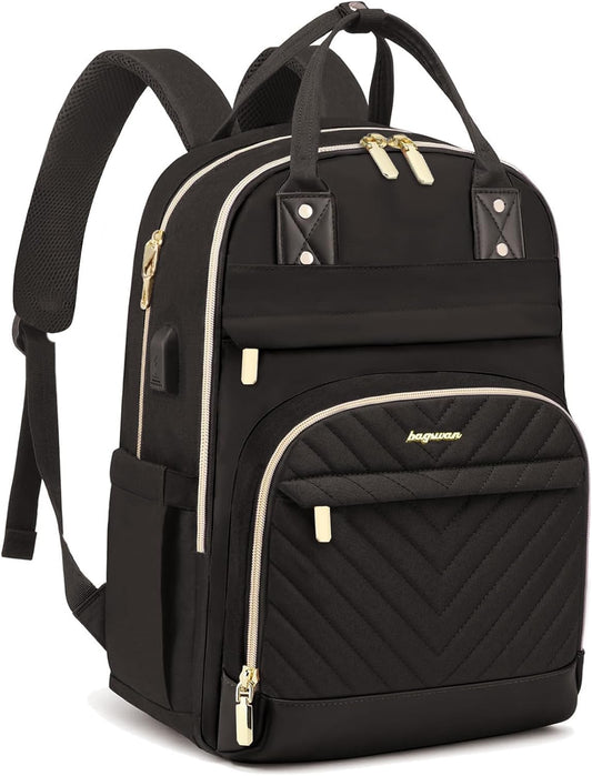 Laptop Backpack for Women Work Bag - 15.6 inch Black Travel Backpack College Backpack with USB Charger Business Office Back Pack for Teacher Casual Waterproof Bookbag for Nurses