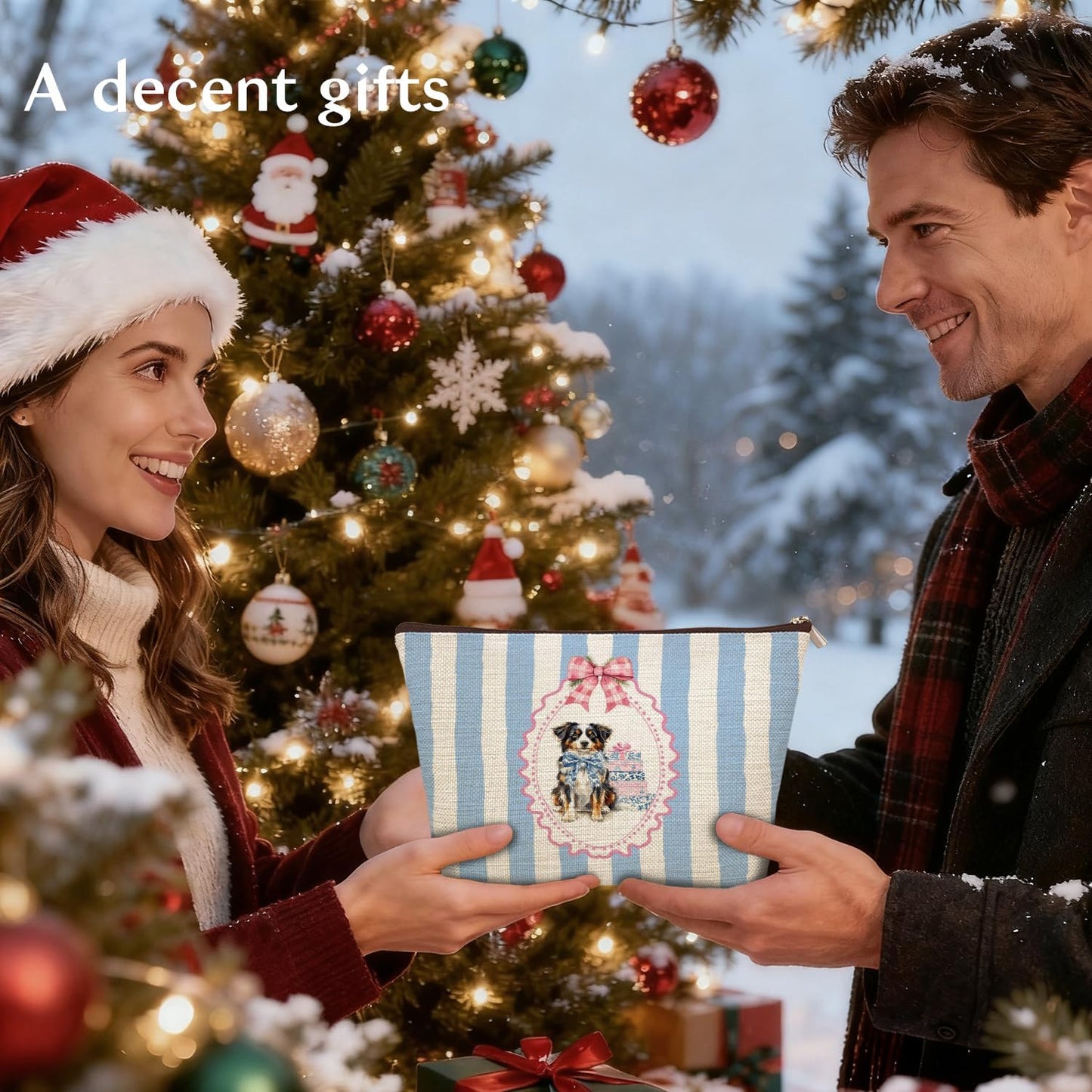 Coquette Chinoiserie Christmas Australian Shepherd Makeup Bag Gifts for Women, Preppy Grandmillennial Aussie Dog Cosmetic Bag, Xmas Blue Striped Zipper Makeup Pouch Travel Toiletry Bag