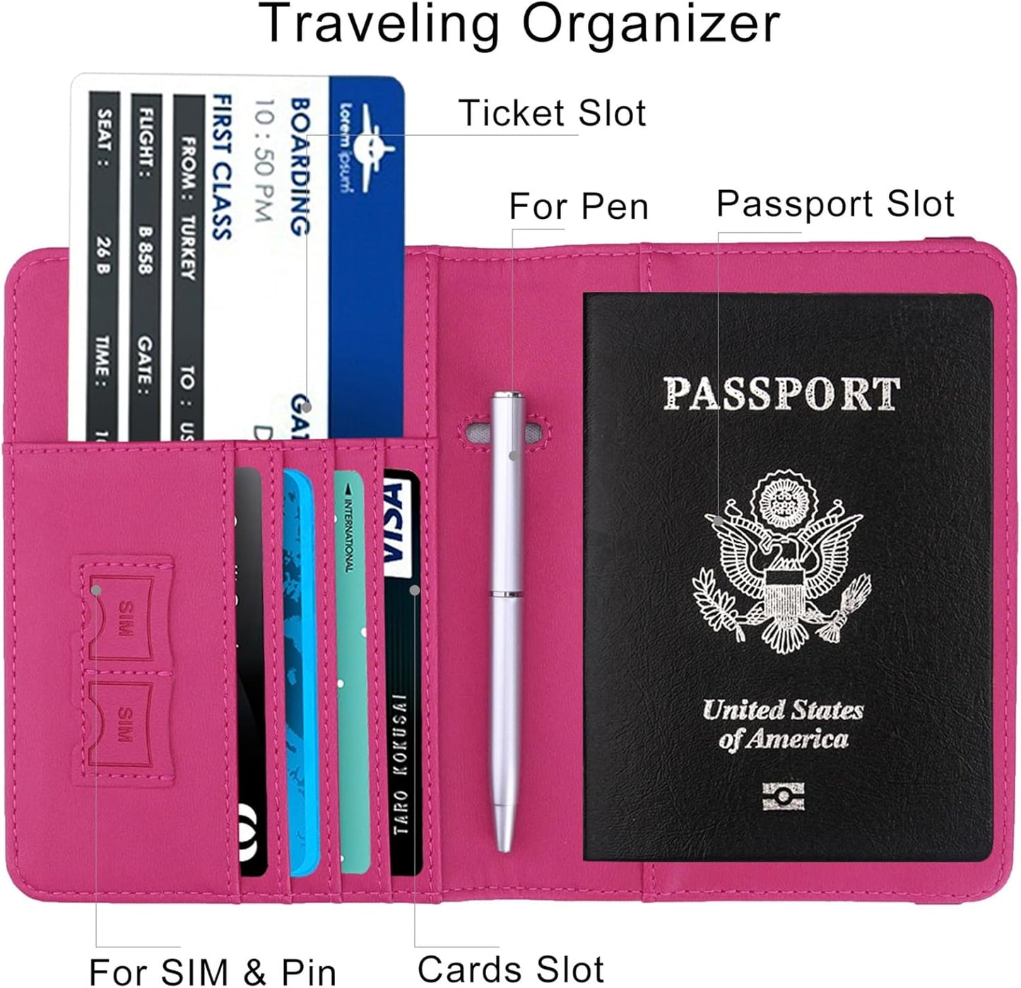 WALNEW Passport Holder for Travel, RFID Passport Cover Wallet for Women Men, PU Leather Passport Book Card Holder Case with Pen, Travelling Essentials for Flying