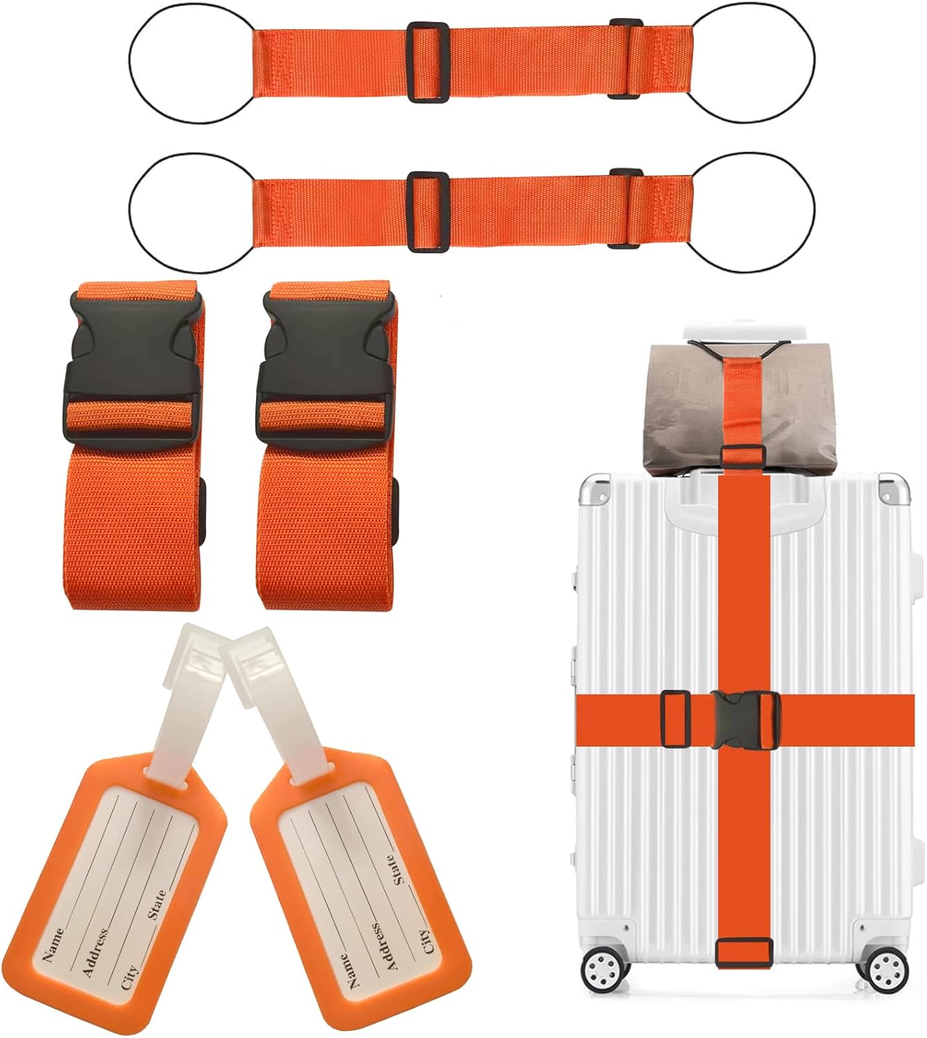 Adjustable Luggage Straps for Suitcases TSA Approved,6 Pack Suitcase Strap Travel Luggage Connector Belt for Bags,Luggage Tags for Suitcases，Luggage Straps to Connect Two Suitcases(Orange)