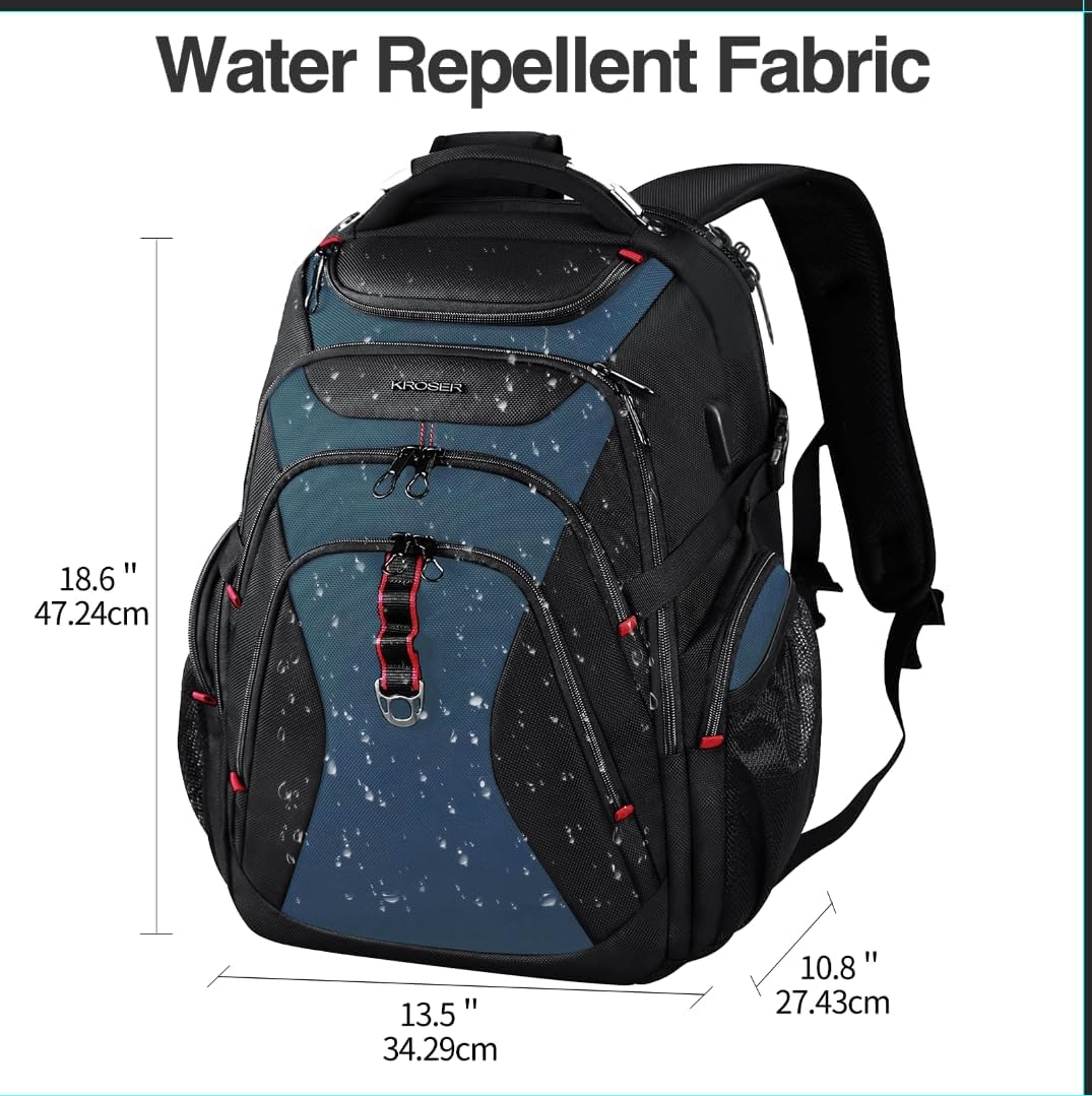 KROSER Travel Laptop Backpack 17.3 Inch XL Computer Backpack with Hard Shell Saferoom RFID Pockets Water-Repellent Business College Daypack Stylish Bag for Men/Women-Black Haze Blue