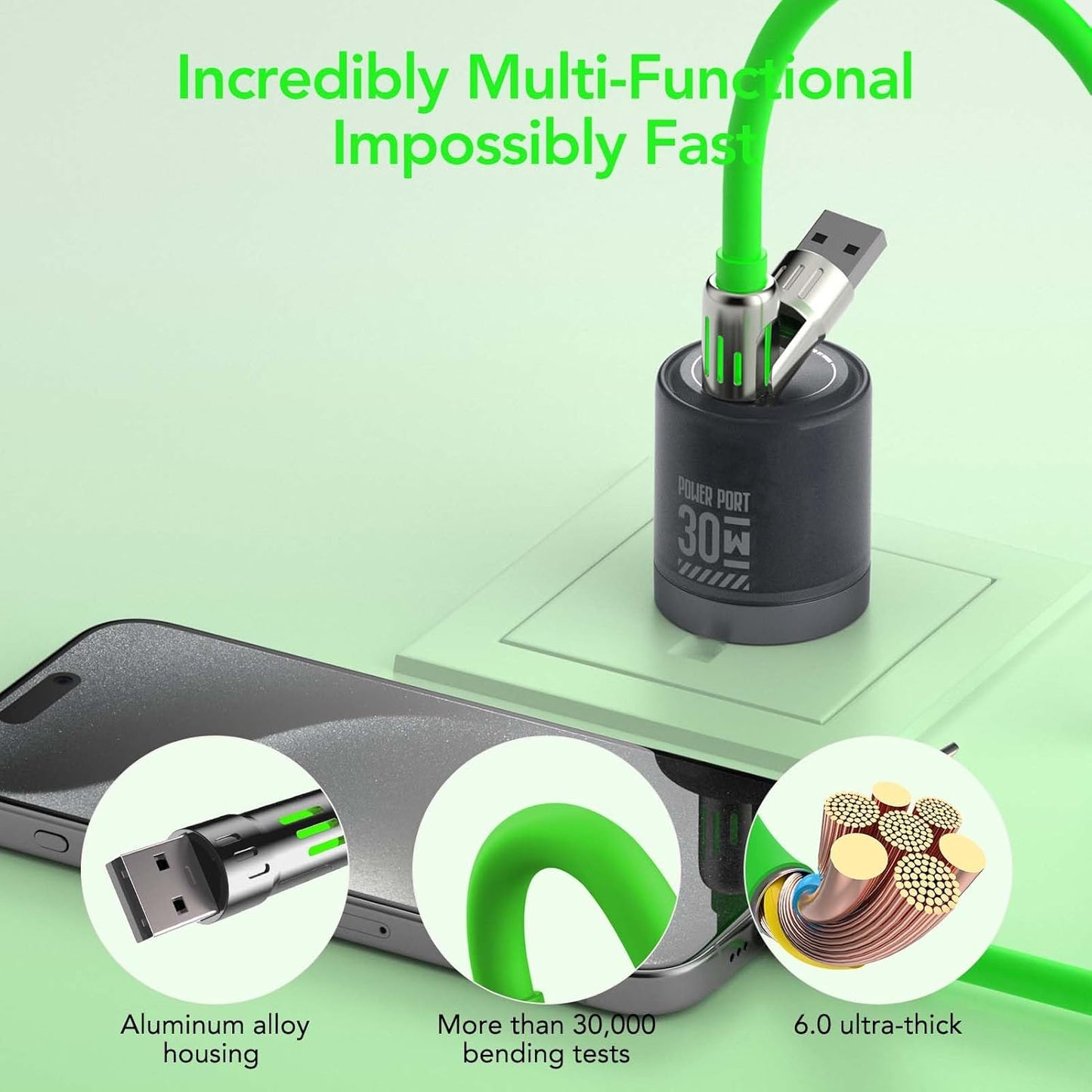 MFish 4-in-1 Universal USB Charging Cable with Carrying Case – 240W Max Fast Charger Cord, USB-A, Dual USB-C & Lighting, for iPhone 14/15/16/17 Series, iPad & MacBook and More (Green, 6.6Ft)