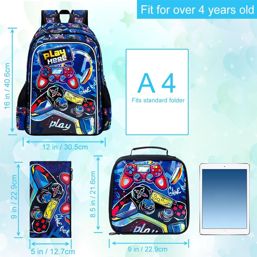 CCJPX 3PCS Gamer Backpack for Boys, 16 Inch Kids Water Resistant Preschool Bookbags, Cool Kindergarten School Backpacks and Lunch Box