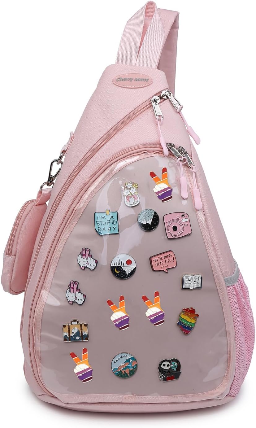 Oxford Ita Bag Kawaii Pin Display Chest Pack Single Shoulder Bag Sport Backpack Hiking Daypack, Medium