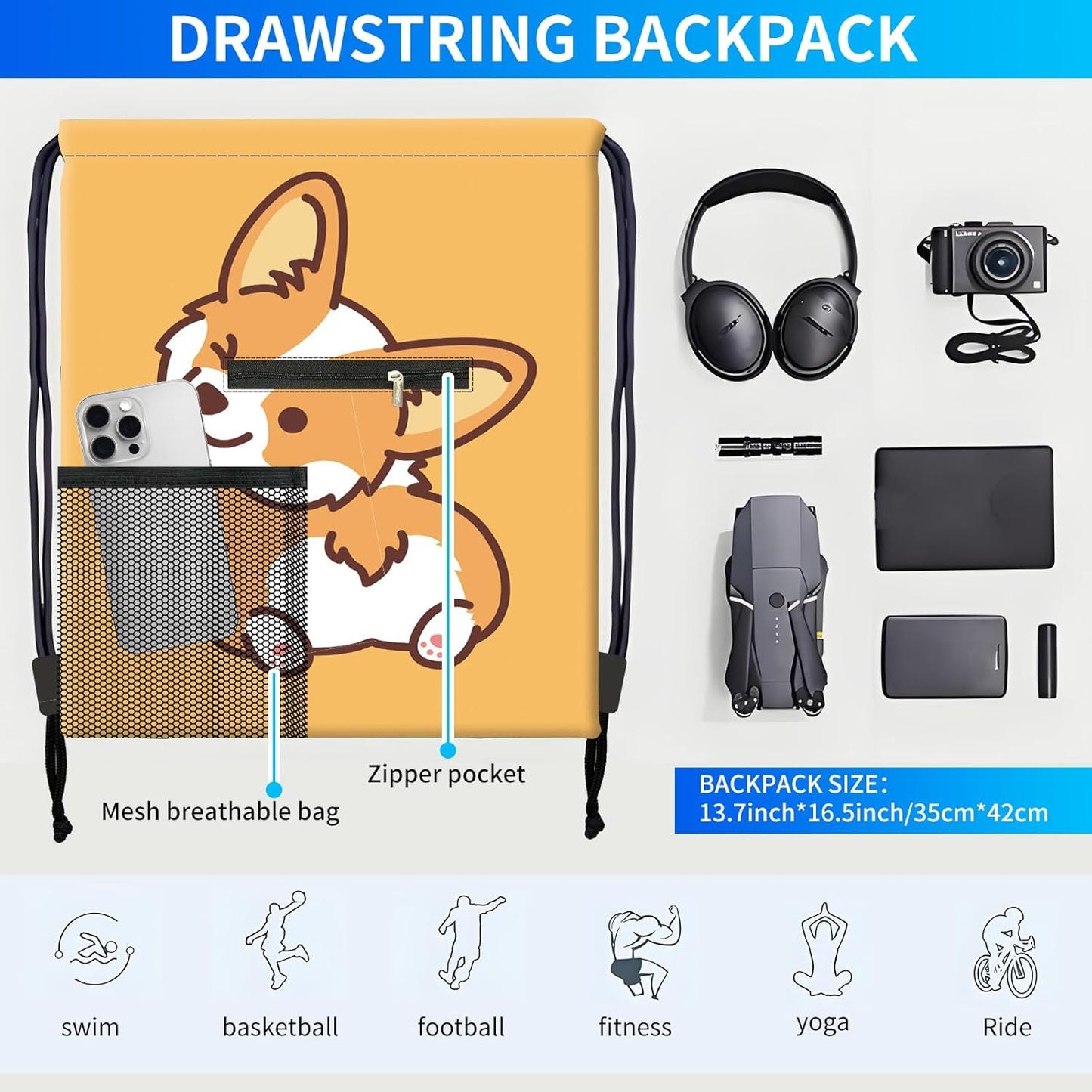 Drawstring Backpack Sports Gym Bag, Large String Swim Bag for Beach With Water Bottle Mesh Pocket, Cute Gym Sack with Zipper Pocket for Men Women Cute Yellow Corgi