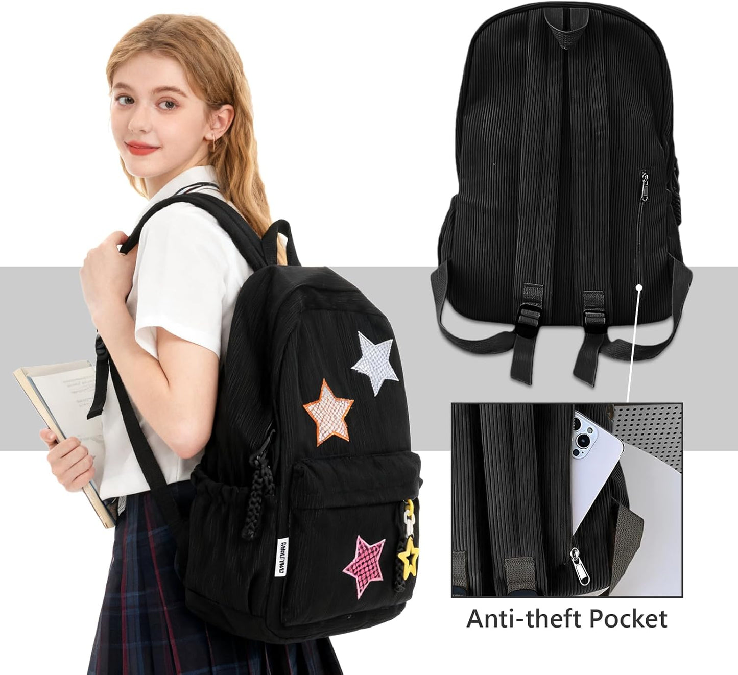 Corduroy Backpack with Star Pattern, Trendy and Versatile, Fits 14'' Laptop Large Capacity Daily Commute (Black)