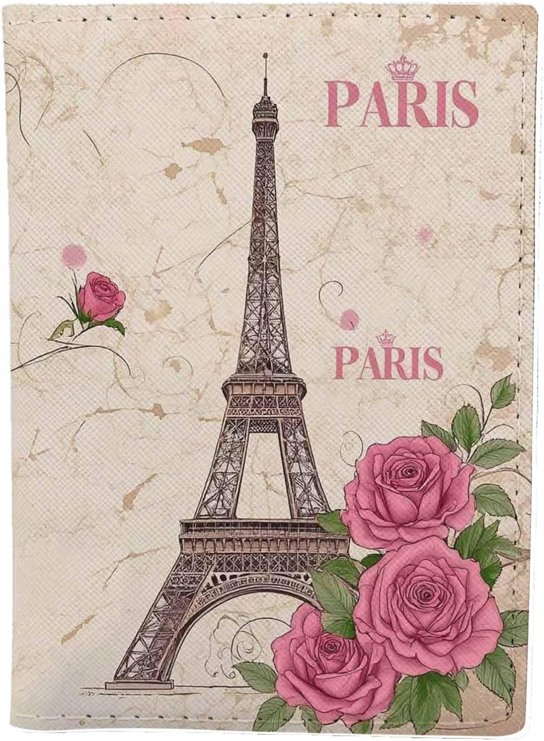 Eiffel Tower with Flowers Passport Holder for Travel Paris Floral Vintage Grunge PU Leather Passport Cover Wallet Cute Passport Card Holder for Women and Men