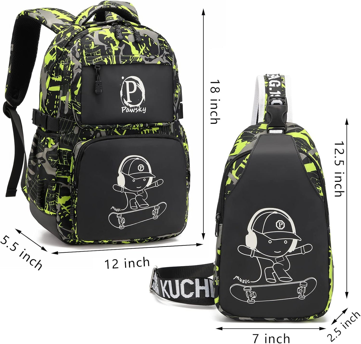Kids Backpack for School, Boys Backpacks with USB Charging Port, College Elementary School Bookbag Lightweight Laptop Bag with Sling Bag, Green
