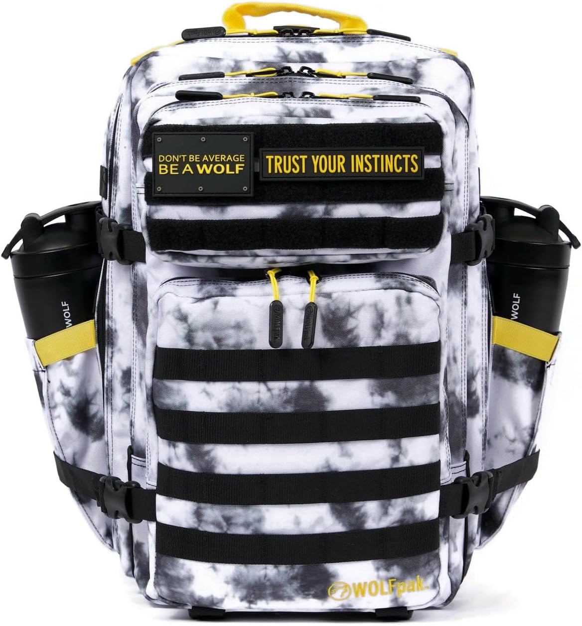WOLFpak 45L Athletic Gym Backpack - Durable 1000D Waterproof Oxford Material w/MOLLE Webbing, Laptop Pocket & Dual Cup Holders, Durable Everyday Gym Backpack (Timber Wolf Yellow Jacket)