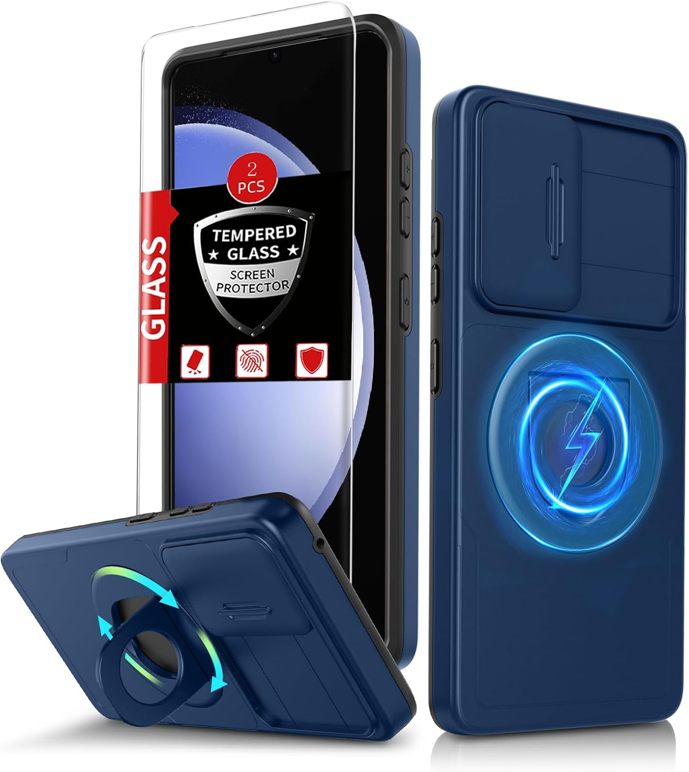 for Samsung Galaxy S23 FE Case Magnetic Compatible with MagSafe Wireless Charging,with 2 Screen Protectors,Built-in Stand Ring+Camera Cover Anti-Scratch Shockproof Heavy Duty Protection Blue