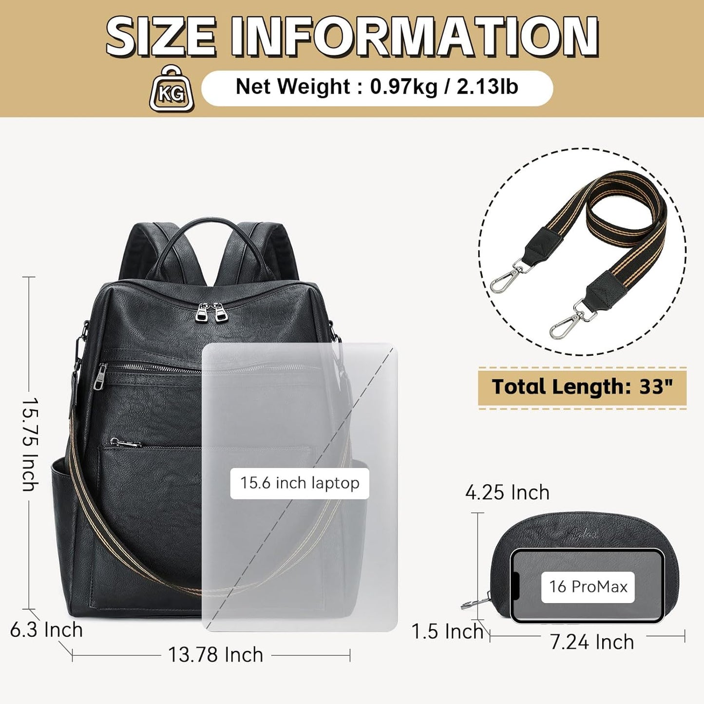 Vegan Leather Laptop Backpack for Women 15.6 Inch Work Backpack Purse for Travel College