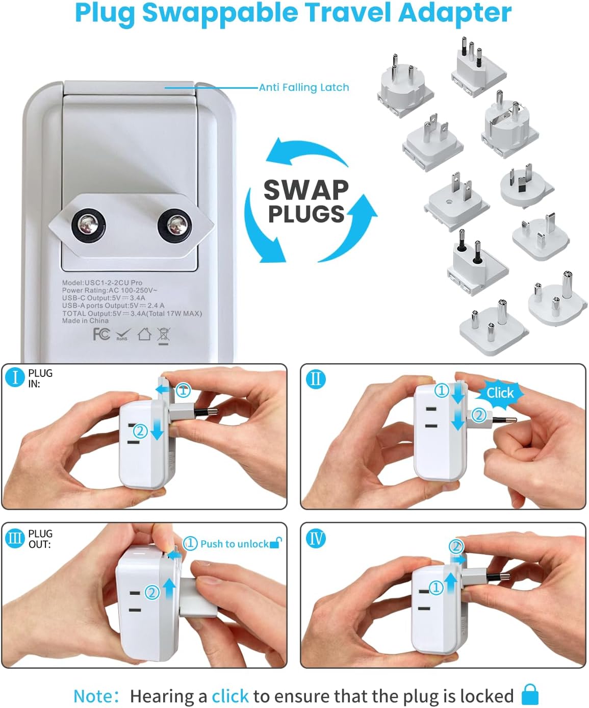 VINTAR Universal Travel Adapter Kit, International Power Adapter with 4AC and 3USB Ports(2 USB-C), Type A,B,C,D,E/F,G,H,I,L,M Swap Adapt Attachments, Travel Adapter Worldwide for Europe/Africa/India
