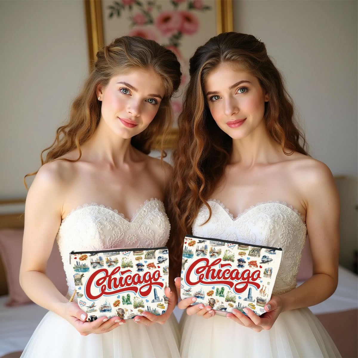 4PCS Chicago Souvenirs Chicago Gifts Makeup Bag Cosmetic Bag for Women Friend Lady Sister Bestie Chicago Travel Lover Weekend Bag Vacation Christmas Birthday Friendship