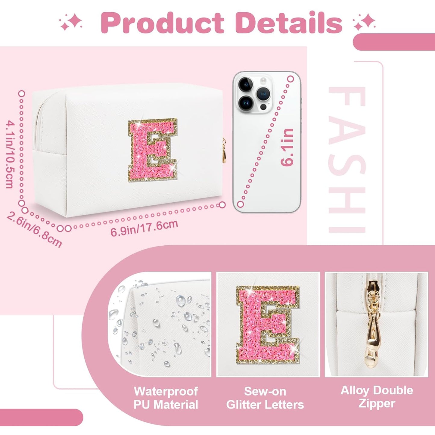 Small Personalized Initial A-Z Patch Makeup Bag,White Cute PU Leather Glitter Letter Cosmetic Bag for Teen Girls,Travel Toiletry Bag with Zipper,Preppy Monogrammed Birthday Gift for Daughter Niece E