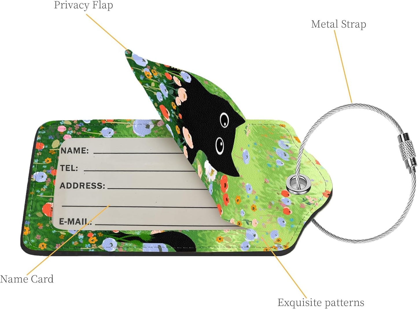 2 Pcs Luggage Tags for Suitcase, Cute Unique PU Leather Travel Bag Tag with Privacy Cover ID Label Address Card and Durable Metal Ring Suitable for Men Women Children Backpack,Black Cat On The Grass