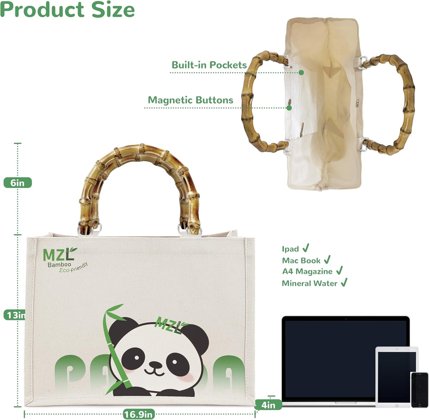 MZLBAMBOO-Tote Bag For Women, Tote Purse And Shoulder Bag, Capacity Eco-Friendly Canvas Bags, Bamboo Handle, Panda Print