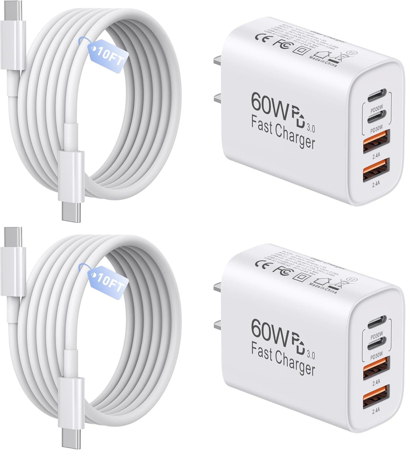 60W USB C Charger,2Pack 10FT iPhone 17 Pro Max Charger Fast Charging,4Port USB-A USB-C Fast Charging Block with 10ft USBC Cable Cord for Apple iPhone 17 Pro Max/17 Air/16Pro Max/15Plus/16/iPad,AirPods