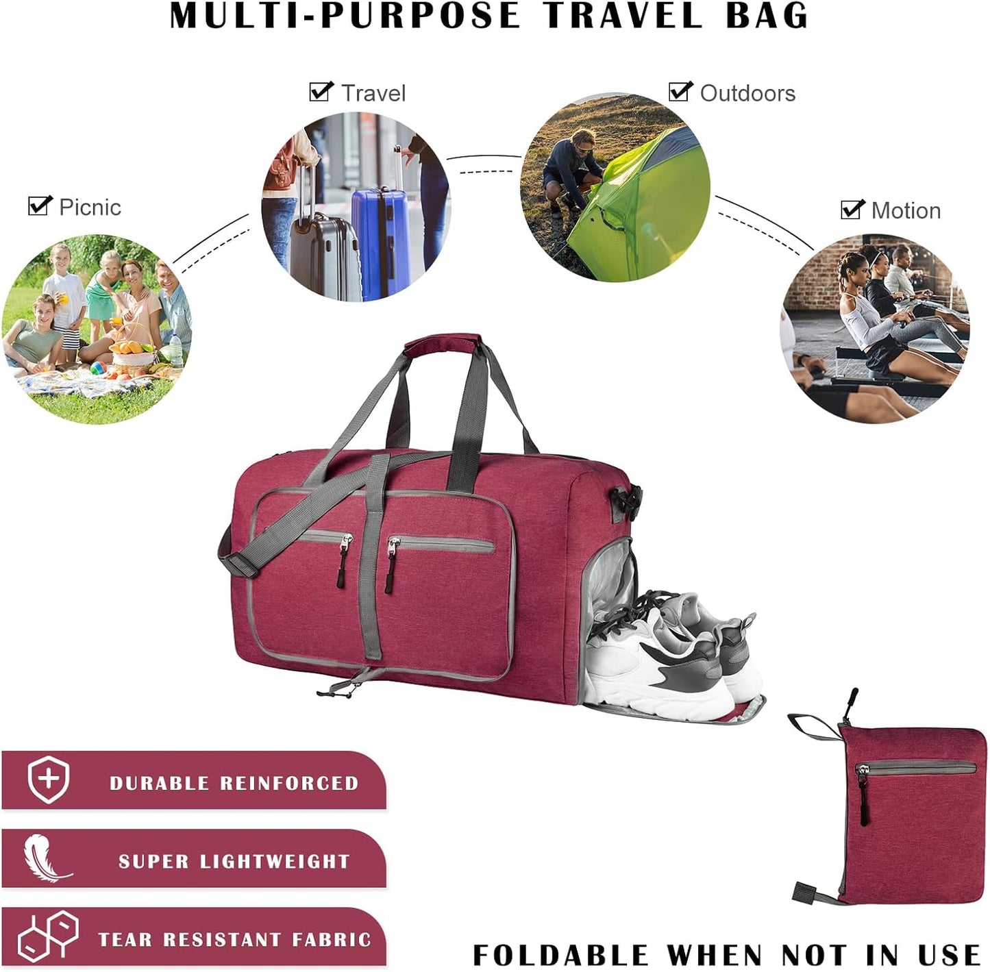 Dimayar 115L Travel Duffle Bag for Men Women - Foldable Duffel Bag with Shoes Compartment - Overnight Bags Waterproof & Tear Resistant(Red)