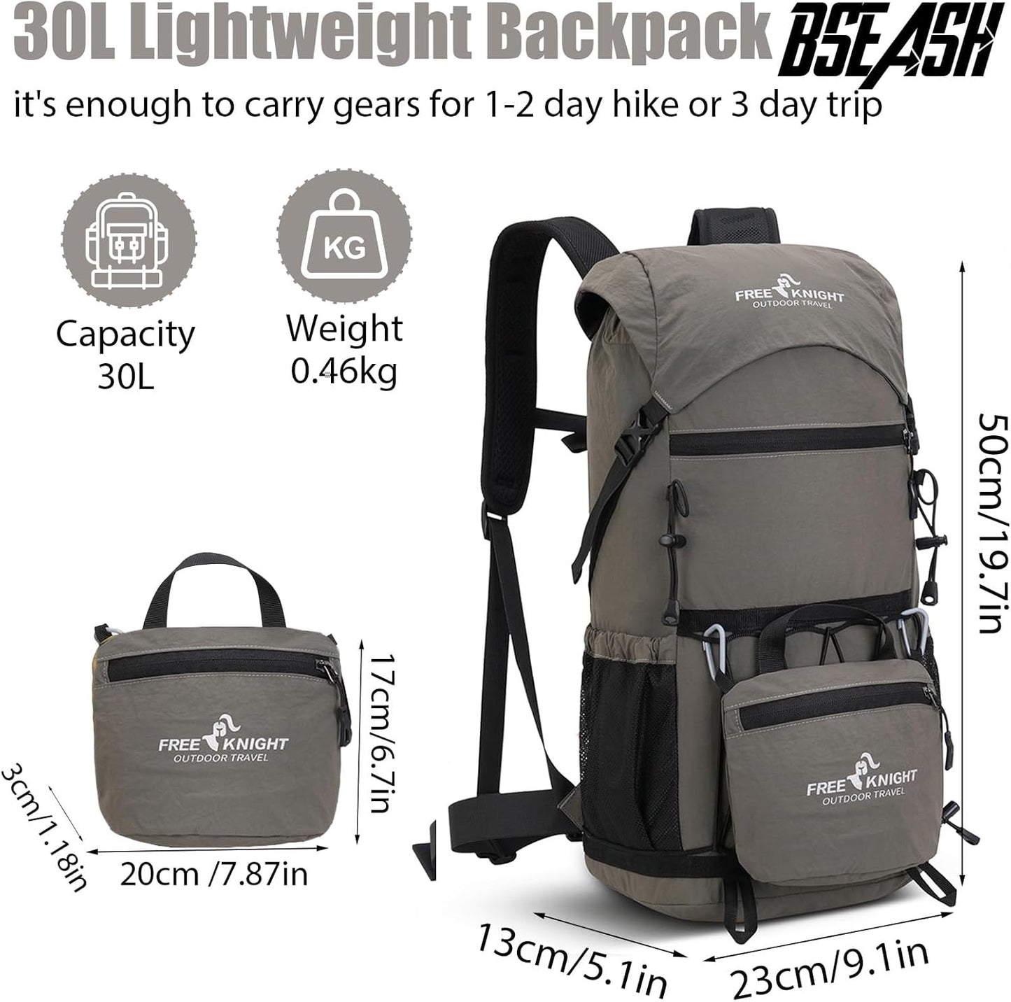 Bseash 30L Lightweight Hiking Backpack, Outdoor Sport Waterproof Travel Bag Daypack for Cycling Climbing Skiing (Gray)