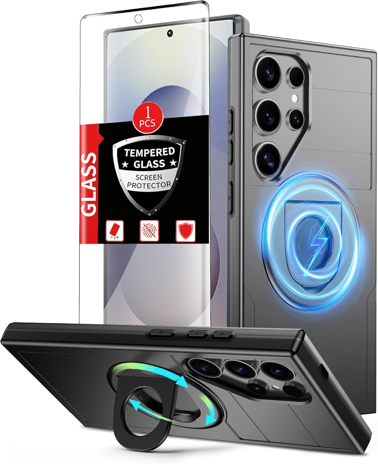 for Samsung Galaxy S25 Ultra Case Magnetic Compatible with MagSafe Wireless Charging,with 1 Screen Protector,Built-in 360° Kickstand Ring Anti-Scratch Shockproof Heavy Duty Protection Black