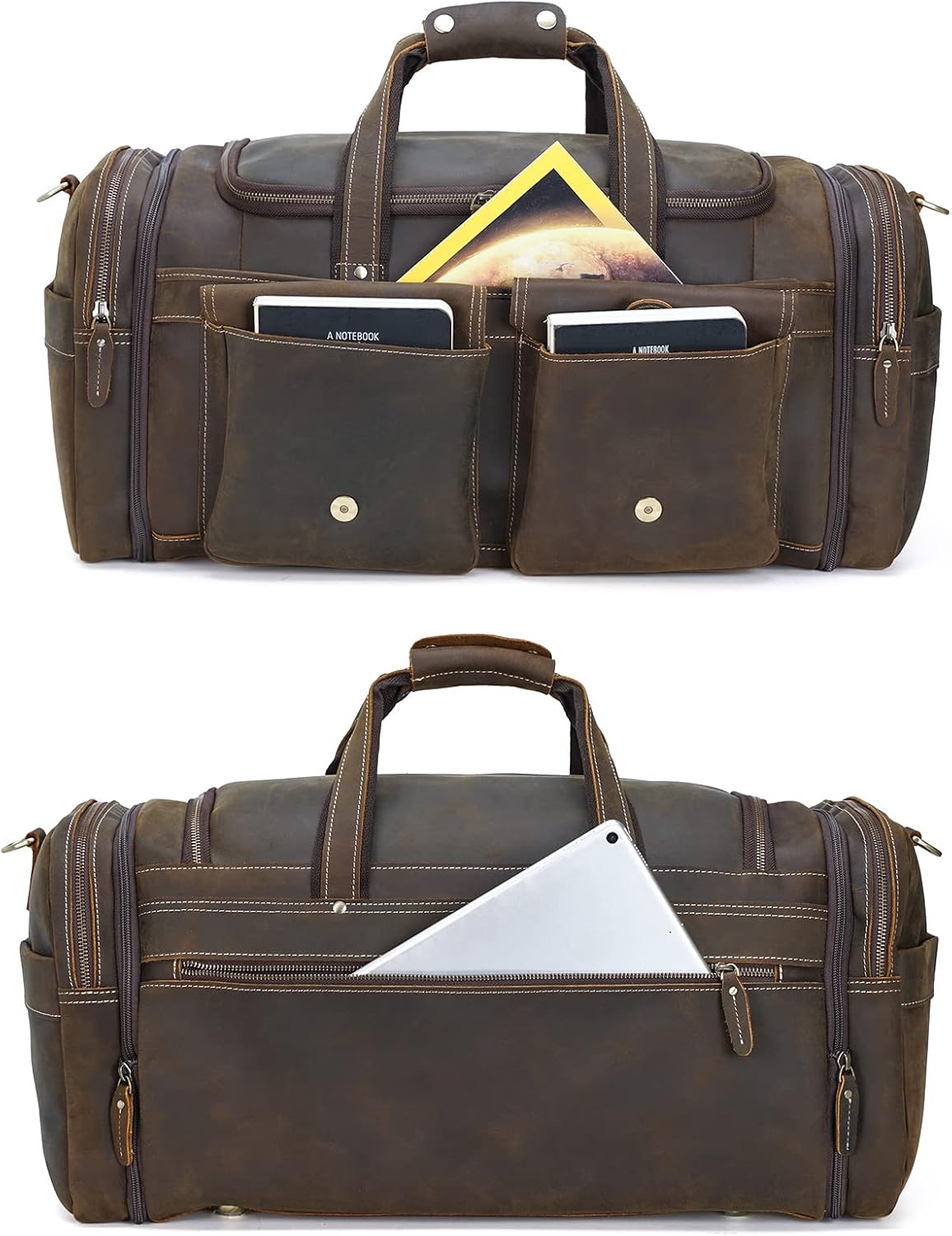 Polare 23" Expandable to 29'' Duffel Retro Thick Full Grain Cowhide Leather Gym Weekender Overnight Luggage Bag For Men