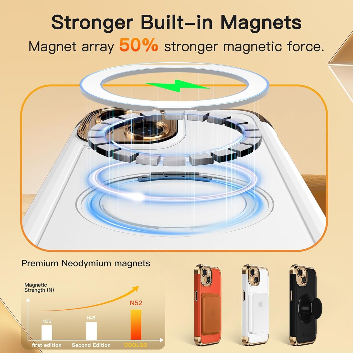 COOLQO for iPhone 15 Plus Case 6.7'' Upgraded 360° Spin Magnetic Stand [Compatible with Magsafe][Military Protection] Shockproof Protective Phone Holder Cover for iPhone 15 Plus, White Gold