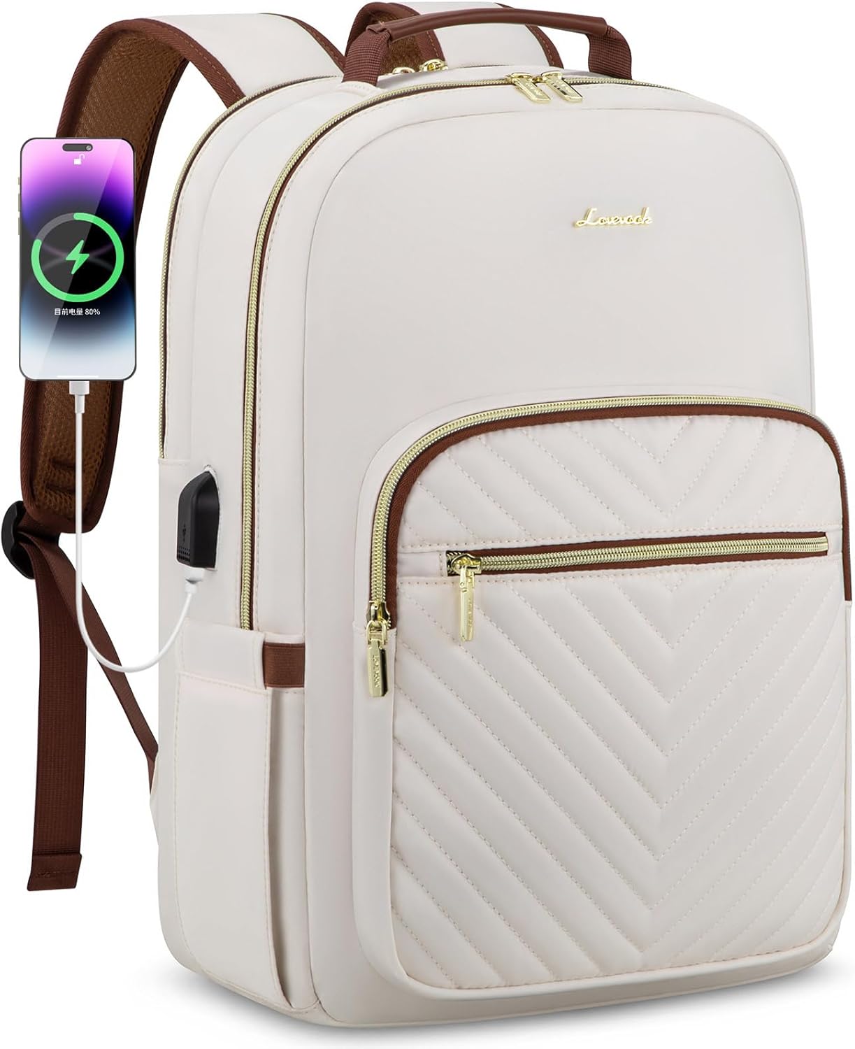 LOVEVOOK Laptop Backpack for Women 15.6 inch,Cute Womens Travel Backpack Purse,Professional Laptop Computer Bag,Waterproof Work Business College Teacher Bag Carry on Backpack with USB Port,White Brown