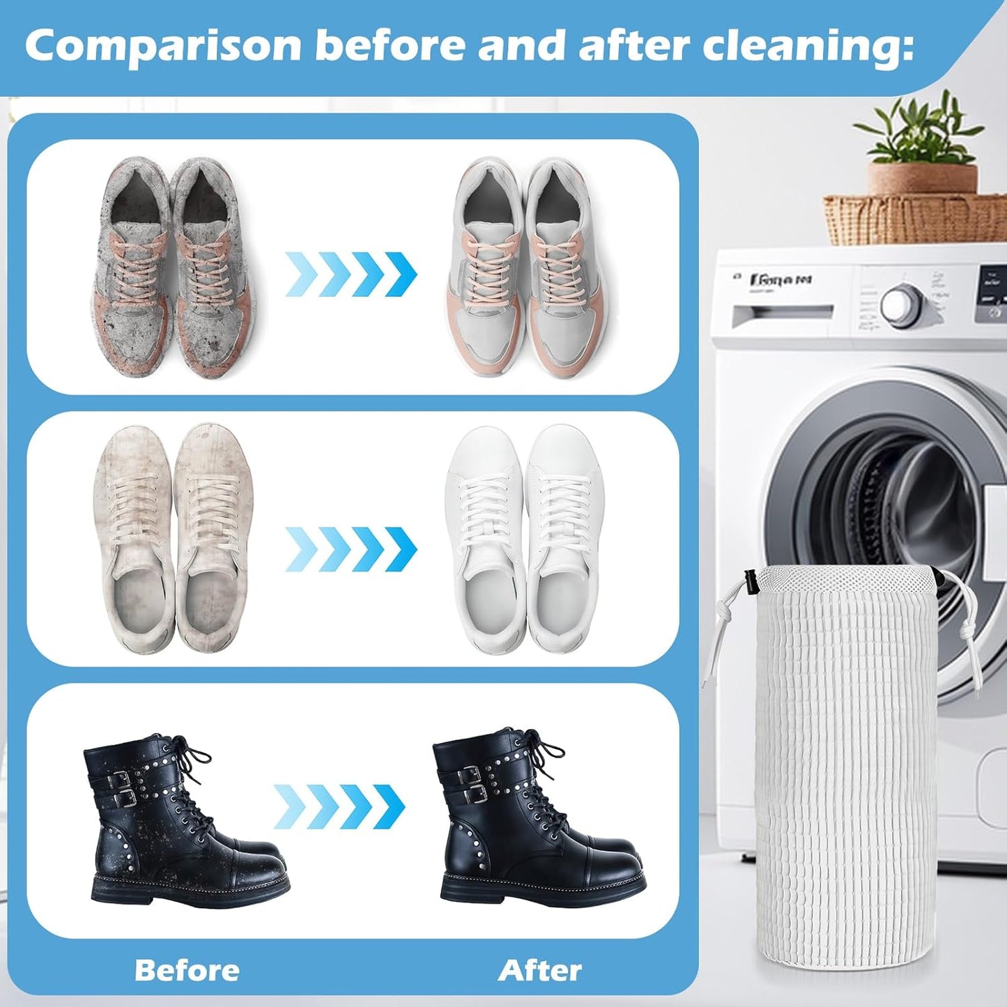 2Pcs Shoe Washing Machine Bag, Reusable Shoe Laundry Bag, Sneaker Washing Machine Bags, Shoe Cleaning Wash Bag with 360° Cleaning Fibers & Adjustable Drawstring, Fits Most Shoes Washer (White)