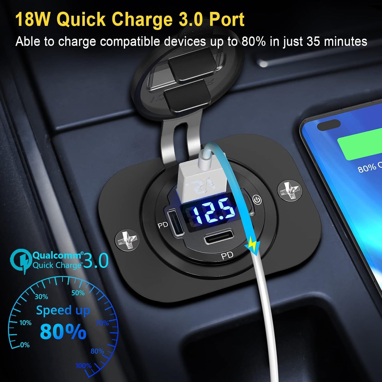 USB C Car Charger Socket 12V USB Outlet 2 Pack: Aluminum Metal 78W Dual PD 30W and 18W QC3.0 Port Multi Charger Outlet with LED Voltmeter Power Switch for RV Motorcycle Boat Marine