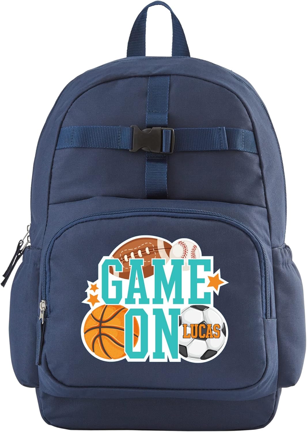 Let's Make Memories Kids Backpack for School - Personalized Back to School - Bookbag with Optional Lunch Box - Blue - Sports - Game On