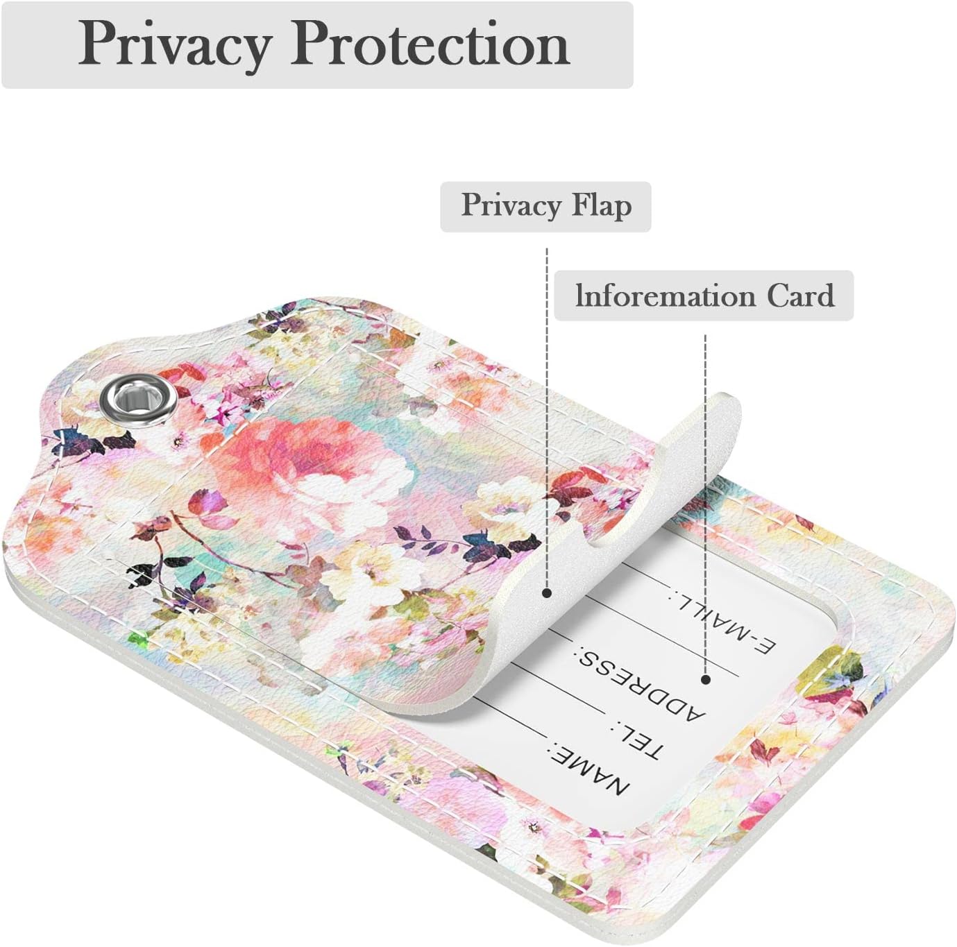 Luggage Tags for Suitcase, 2 Pack PU Leather Travel Cruise Luggage Tag with Privacy Flap, Name ID Label and Metal Loop for Women Men Suitcase Baggage Bag Backpack Instrument, Pink Rose Flower