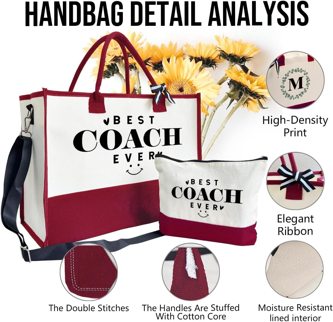 SUSZDOU Gifts for Best Coach Ever - Canvas Beach Tote Bag with Matching Makeup Pouch, Durable Travel Gym Camping Bag, Thank You Gift for Sports Coach, Female Trainers Gifts for Women A1
