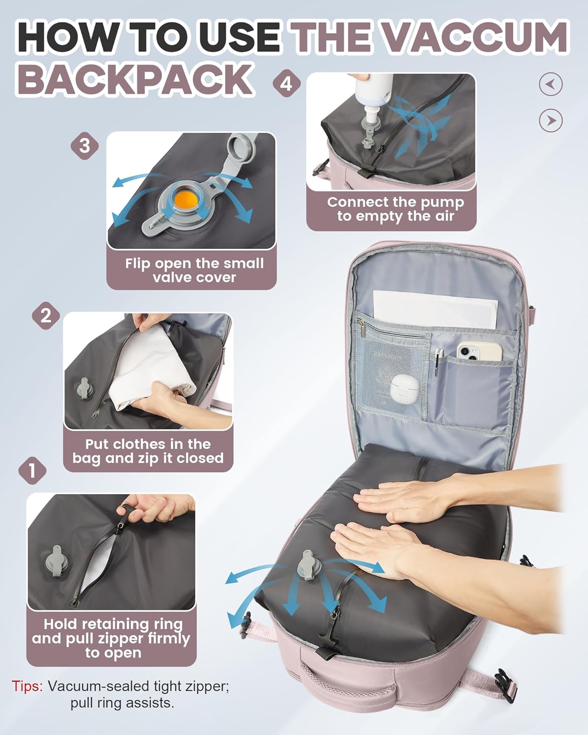 Vacuum Seal Travel Backpack with Air Pump,Compression Vacpack Waterproof Carry On Backpack for Travel Women Men with Vacuum System,Airlines Approved Daypack Laptop Space Saver Bags,PinkPurple