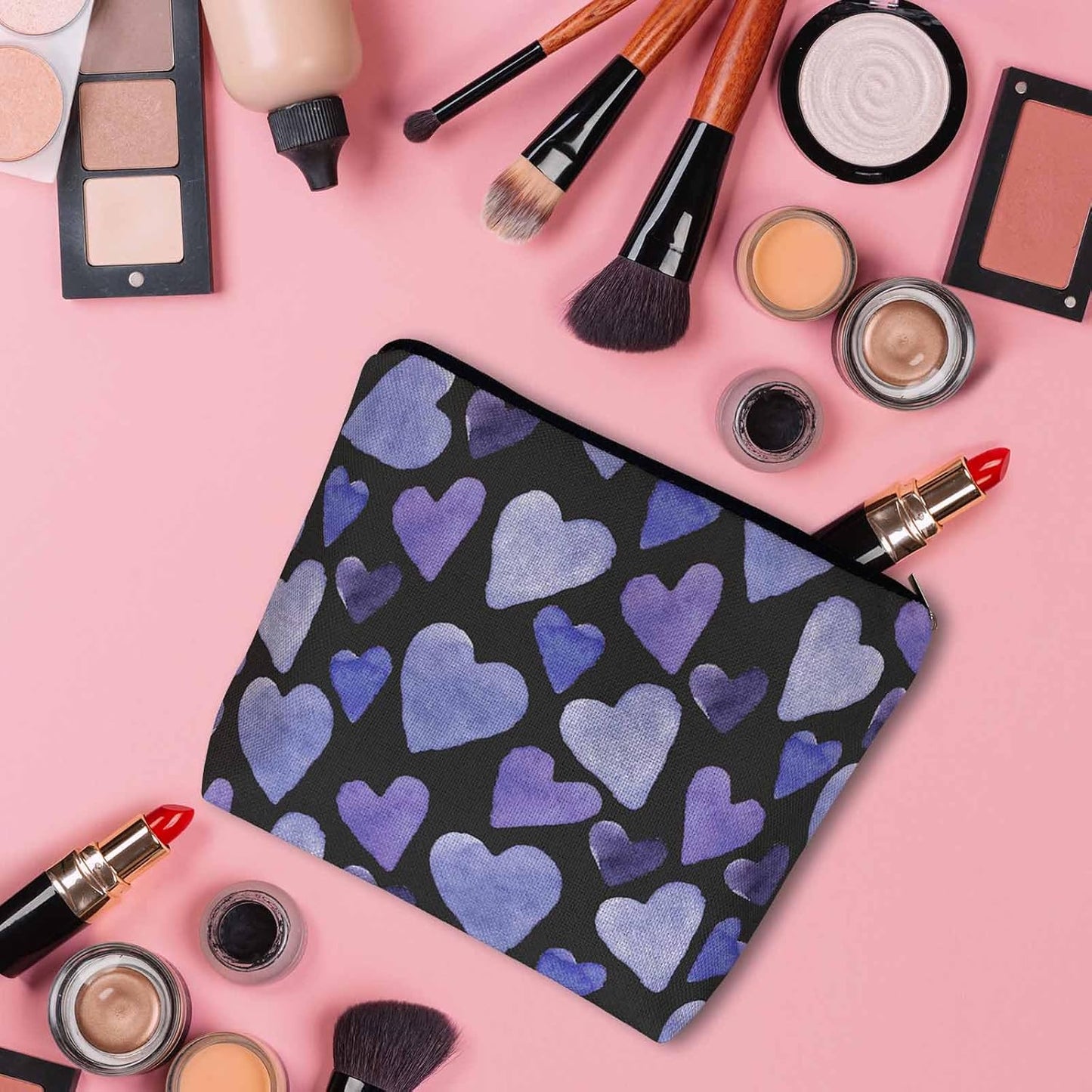 Women Makeup Organizer Bag Heart Watercolor Love Hearts Blue Purple Flax Cosmetic Bag Makeup Bags