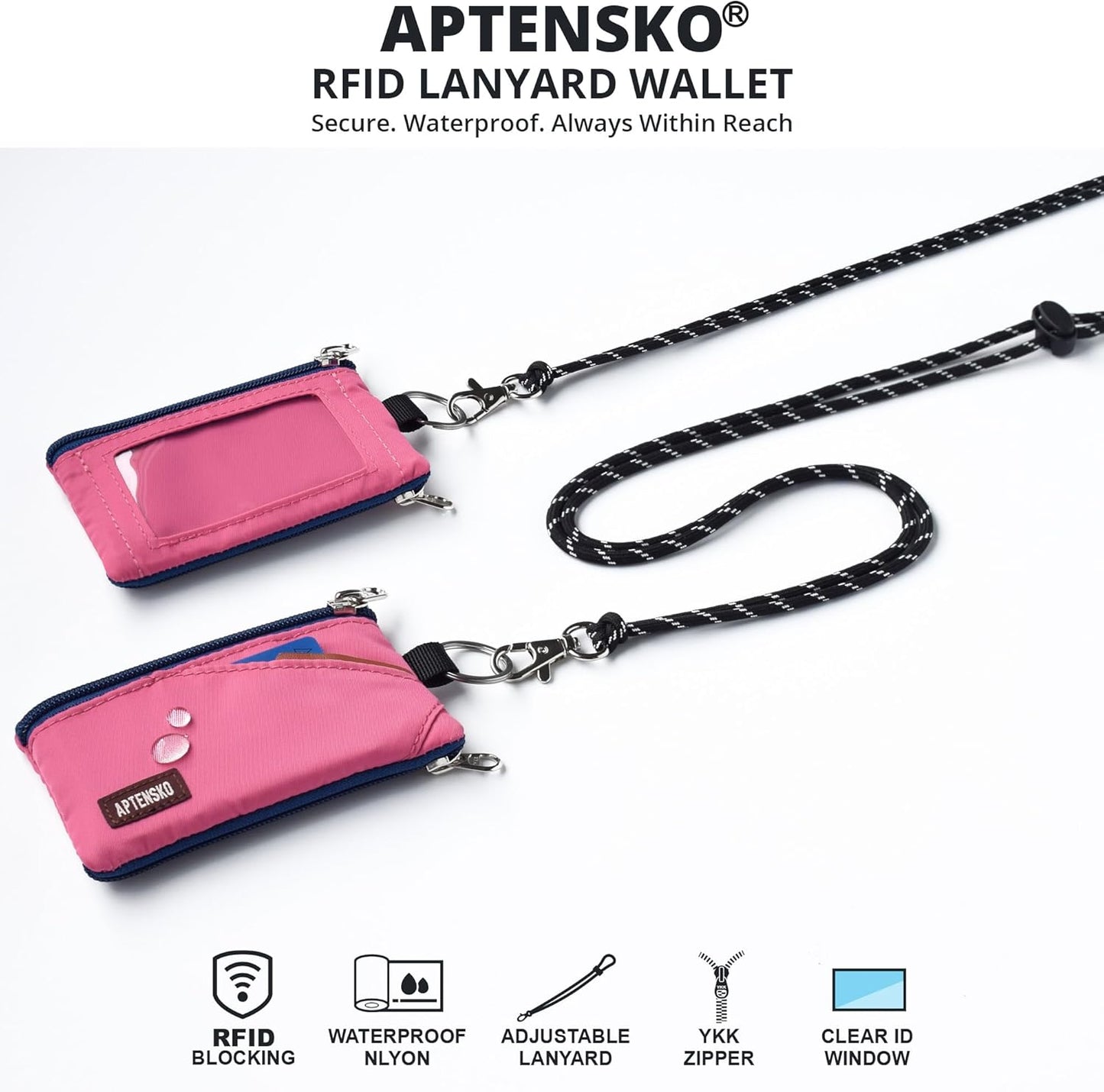 RFID Travel Wallet with Adjustable Lanyard-Zipper Small Wallet with ID Card Holder, Keychain for women&men-Minimalist Slim Waterproof Nylon case for ID, Cash, Key (Rose Pink)