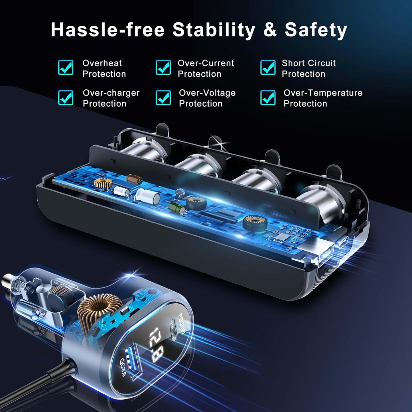 8 in 1 Cigarette Lighter Splitter,264W 4 Socket Car Cigarette Lighter Adapter,Type-C QC3.0 PD 30W Charging,Heavy Duty Truck Car USB Chager Multi Plug Outlet 12V/24V Independent Switches,LED Voltmeter