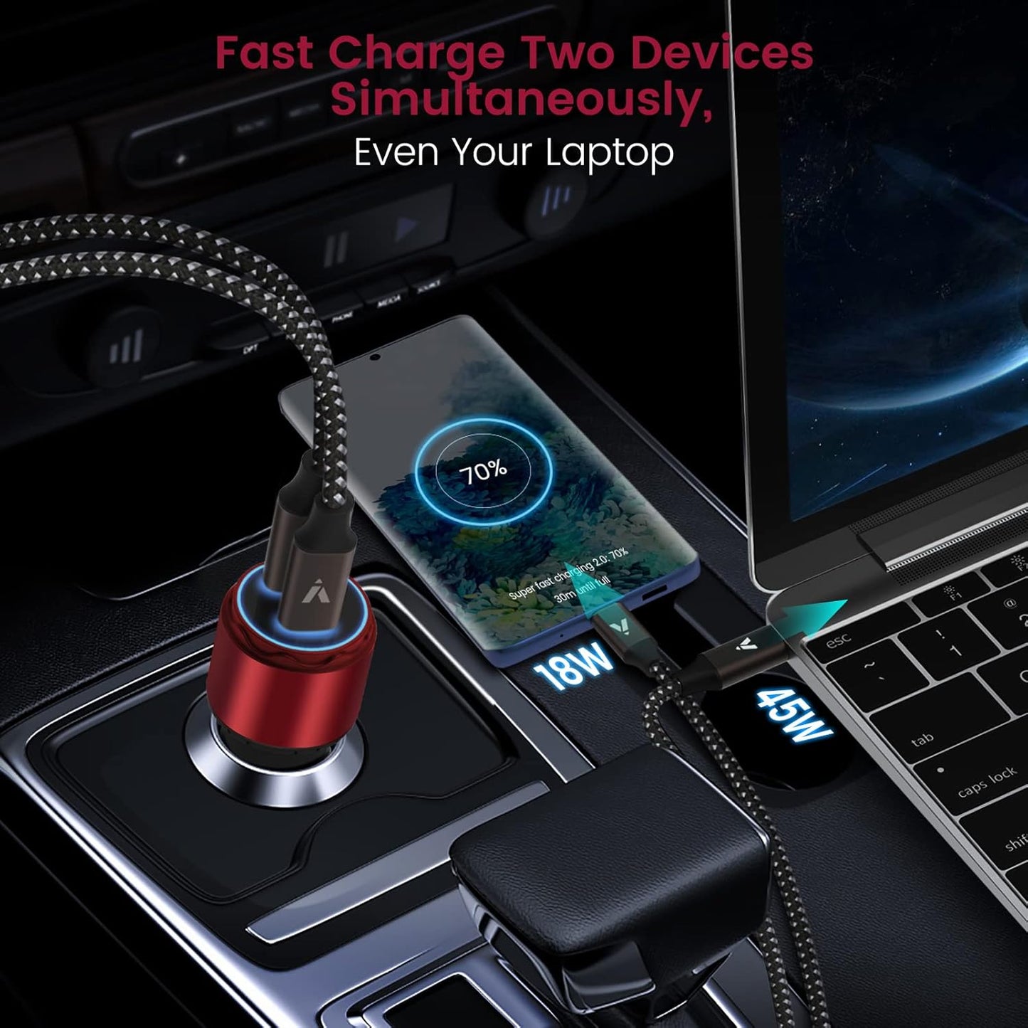 VELOGK Super Fast Type C Car Charger [73W Turbo], Fast Adaptive 55W 45W PPS/PD&QC3.0 USB C Car Adapter[Super Fast Charging 2.0] for Samsung S25 Ultra/S24 Ultra/S23 Ultra/S22+/S21/S20, iPad Pro(Red)