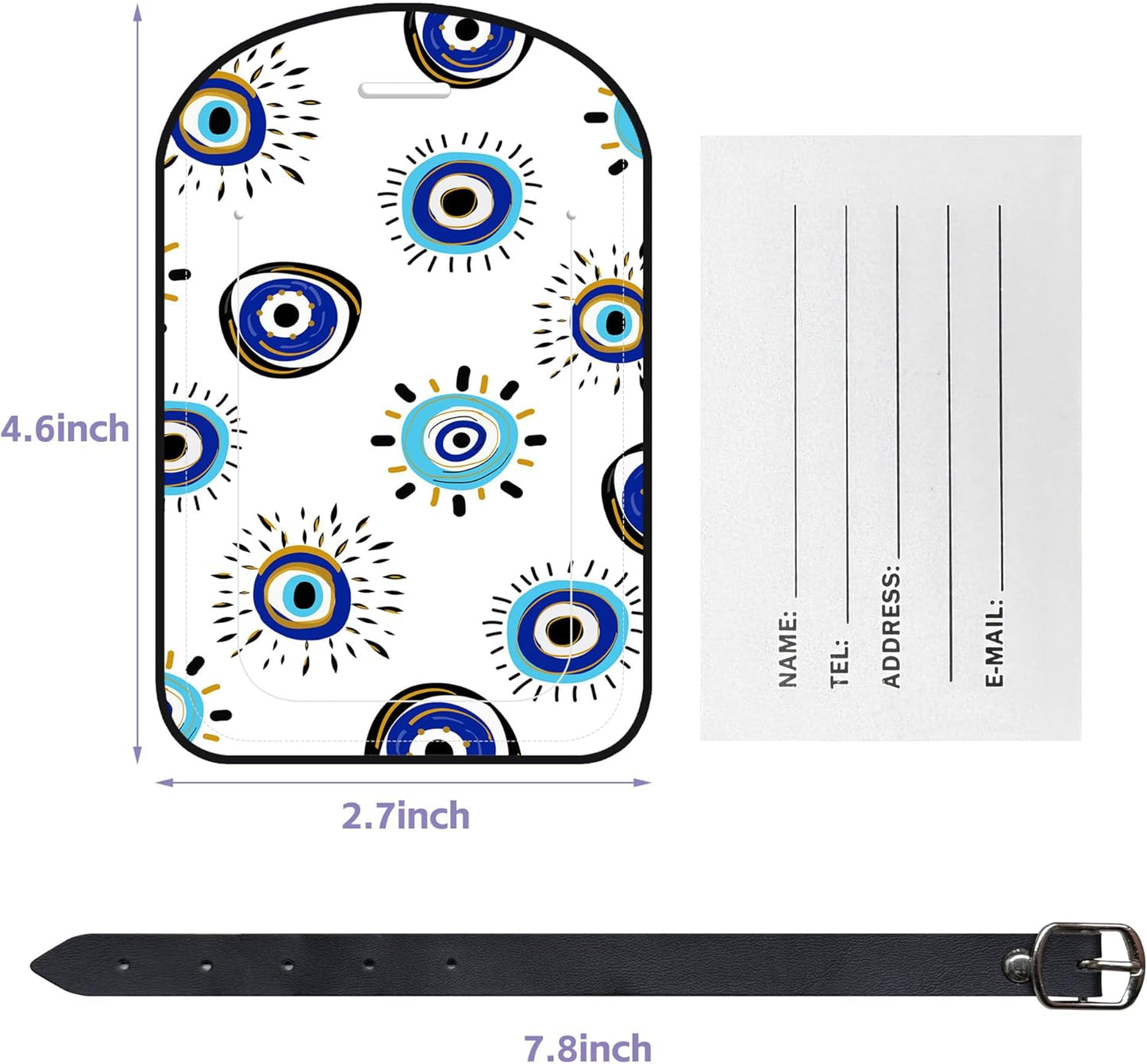 2 Pack Luggage Tags Evil Eye PU Leather Baggage Handbag Suitcase Tags with Secure Strap Privacy Cover ID Labels,Business Travel Baggage Tag Identifier