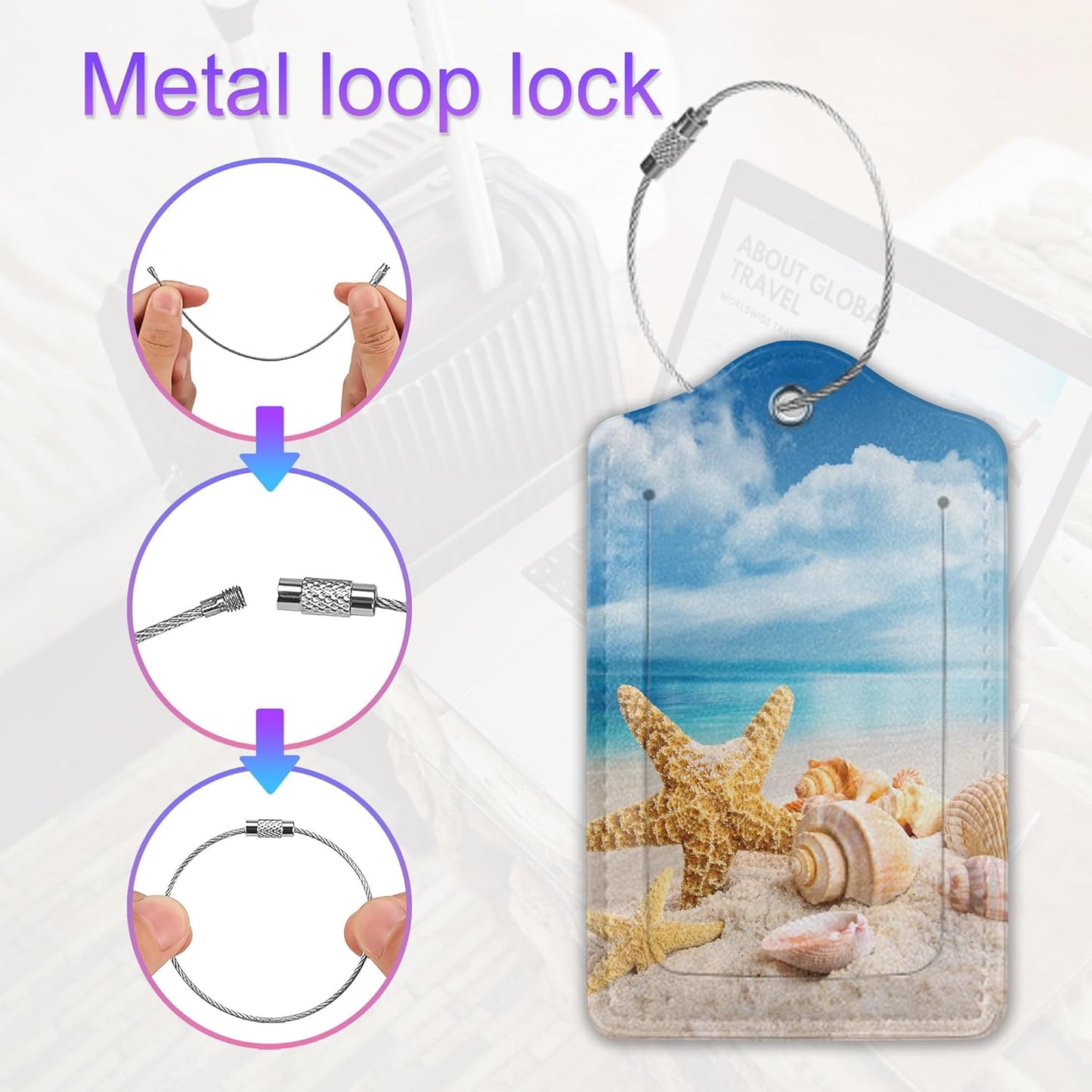 2 Pack Leather Luggage Tag for Suitcase Beach Starfish Seashell Seaside Unique Travel Tags with Privacy Cover ID Label & Stainless Steel Loop for Men and Women Baggage