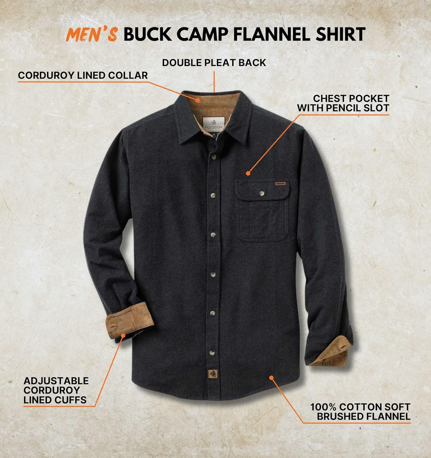 Legendary Whitetails Men's Flannel Shirt Long Sleeve Button Down 100% Cotton