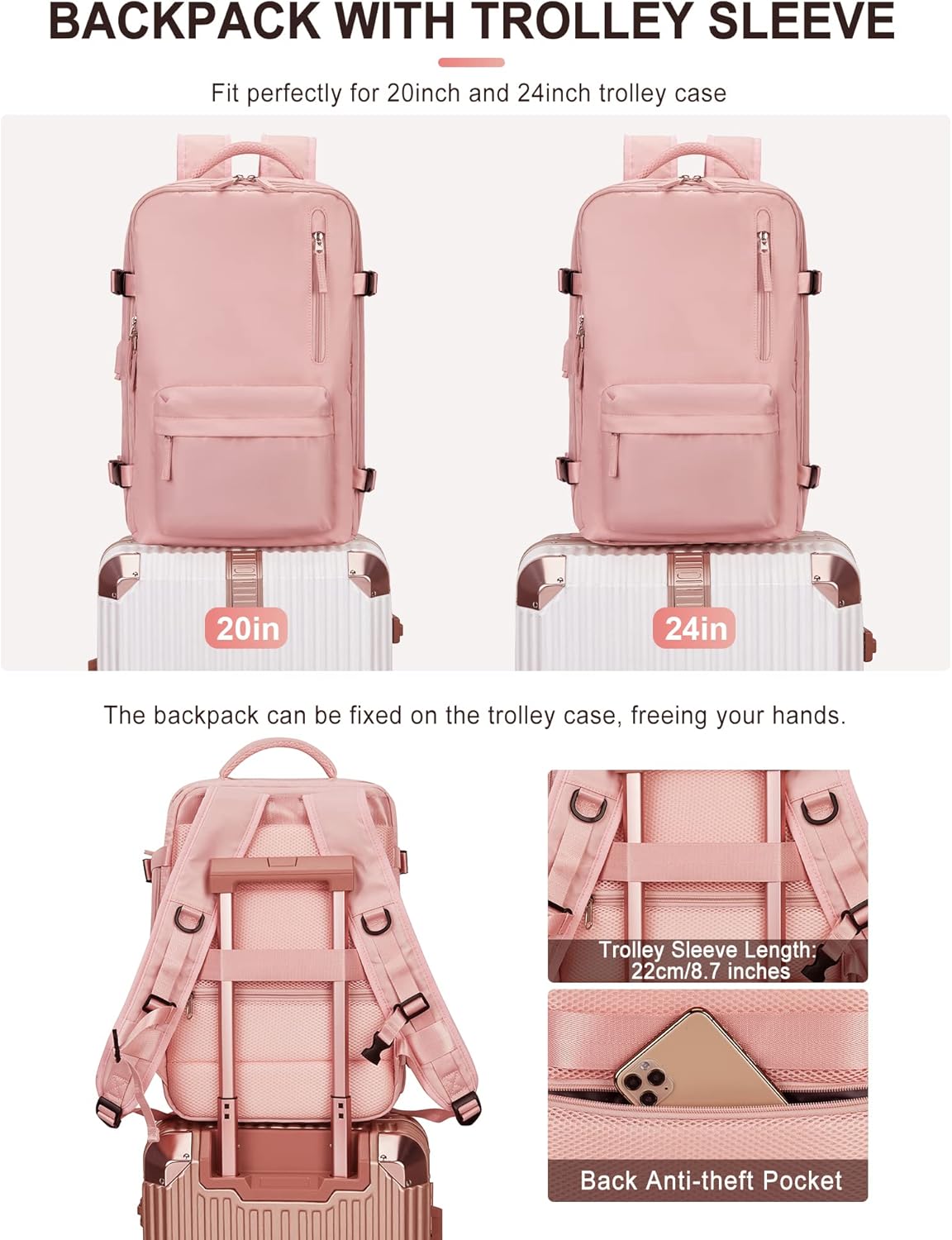 VGCUB Large Travel Backpack Bag for Women Men,Carry on Backpack,17 Inch Laptop Business Work Waterproof Backpack with Laptop Compartment,Person Item Flight Approved,Mochila de Viaje,Pink