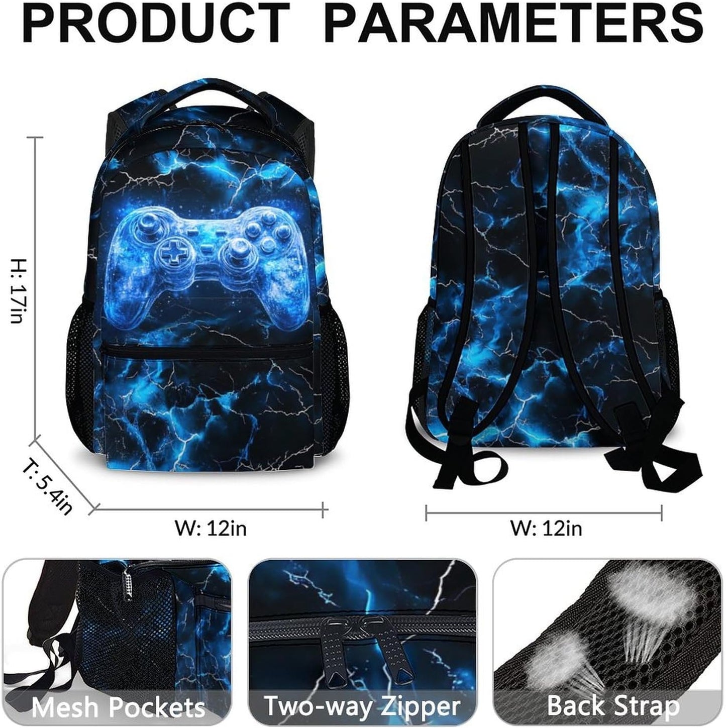 Kids Backpacks, Boys Bookbag, 17 Inch Colorful Blue Gamer Backpack for Teen Boys, Cool Leisure Schoolbag Gift for Travel, Work School Vacation