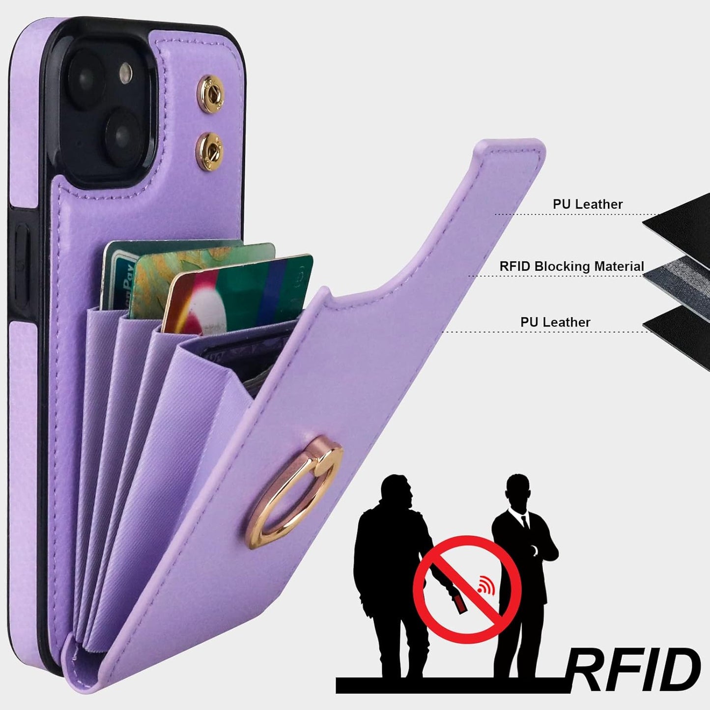 Folosu Compatible with iPhone 14 Plus Case Wallet with Card Holder, 360°Rotation Finger Ring Holder Kickstand, RFID Blocking Leather Protective Double Buttons Shockproof Cover 6.7 Inch Purple