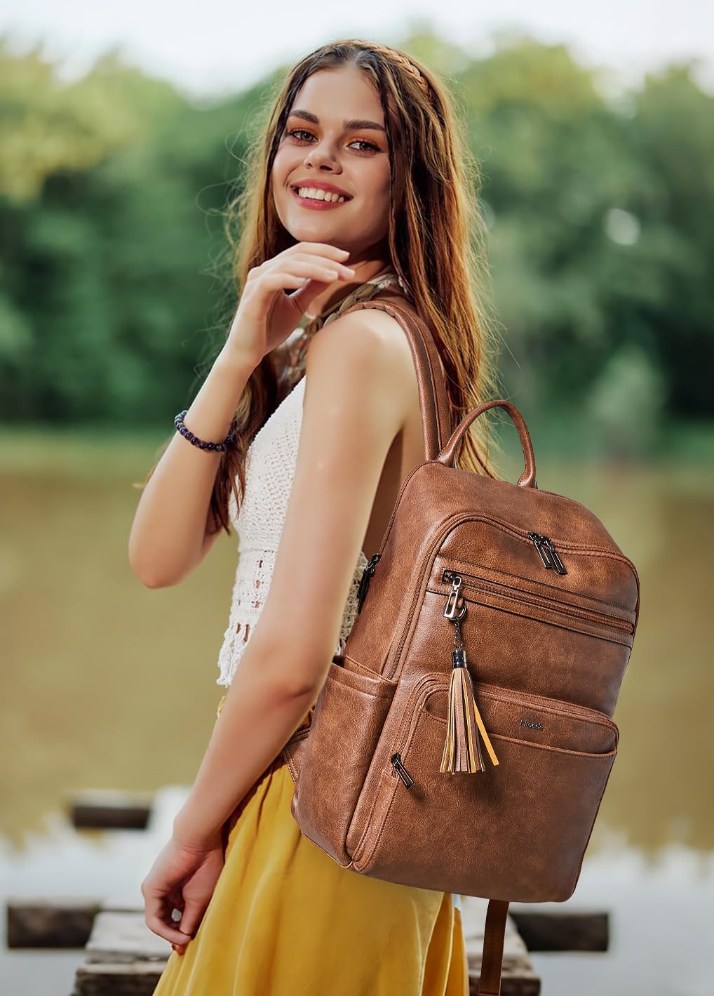Leather Laptop Backpack for Women,Leather Backpack with Laptop Compartment Fit 15.6 inch Laptops,Carry-on Travel Backpacks,Casual Daypack for Work Business Weekender College,Brown
